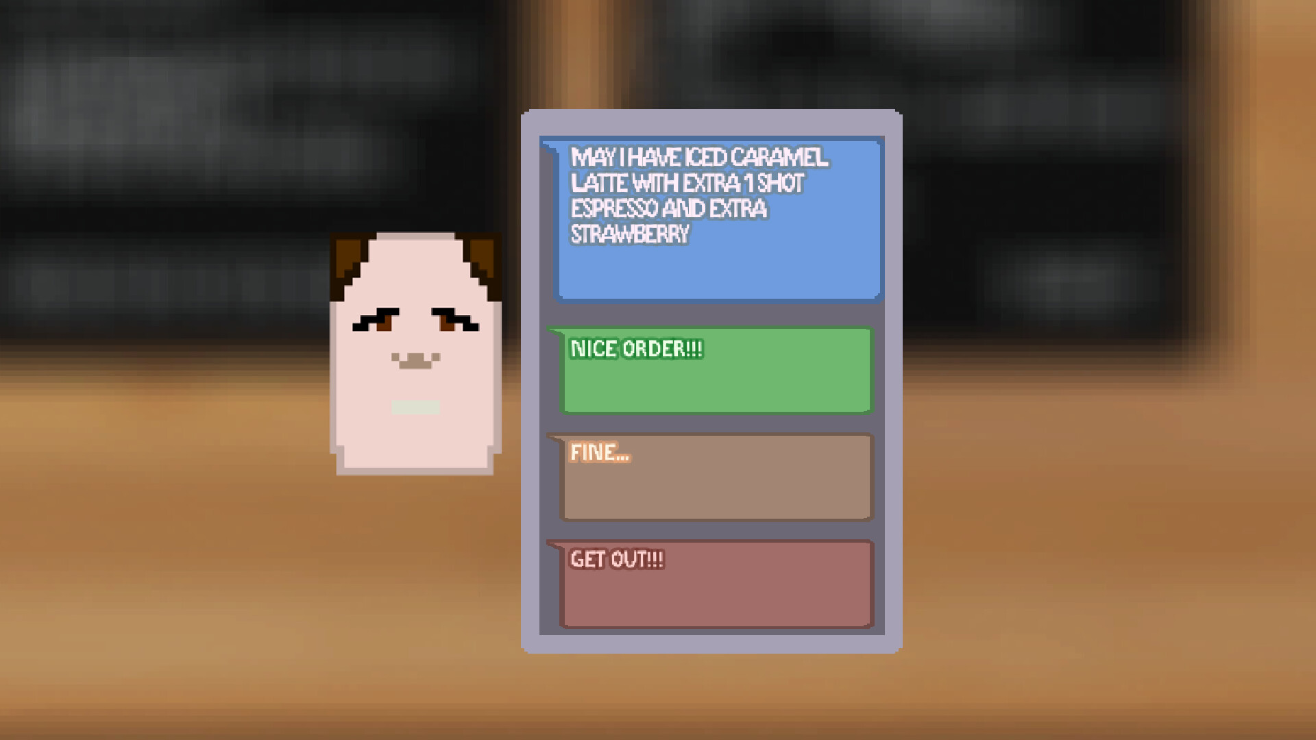 《I am barista》遊戲實機畫面：顧客點單介面