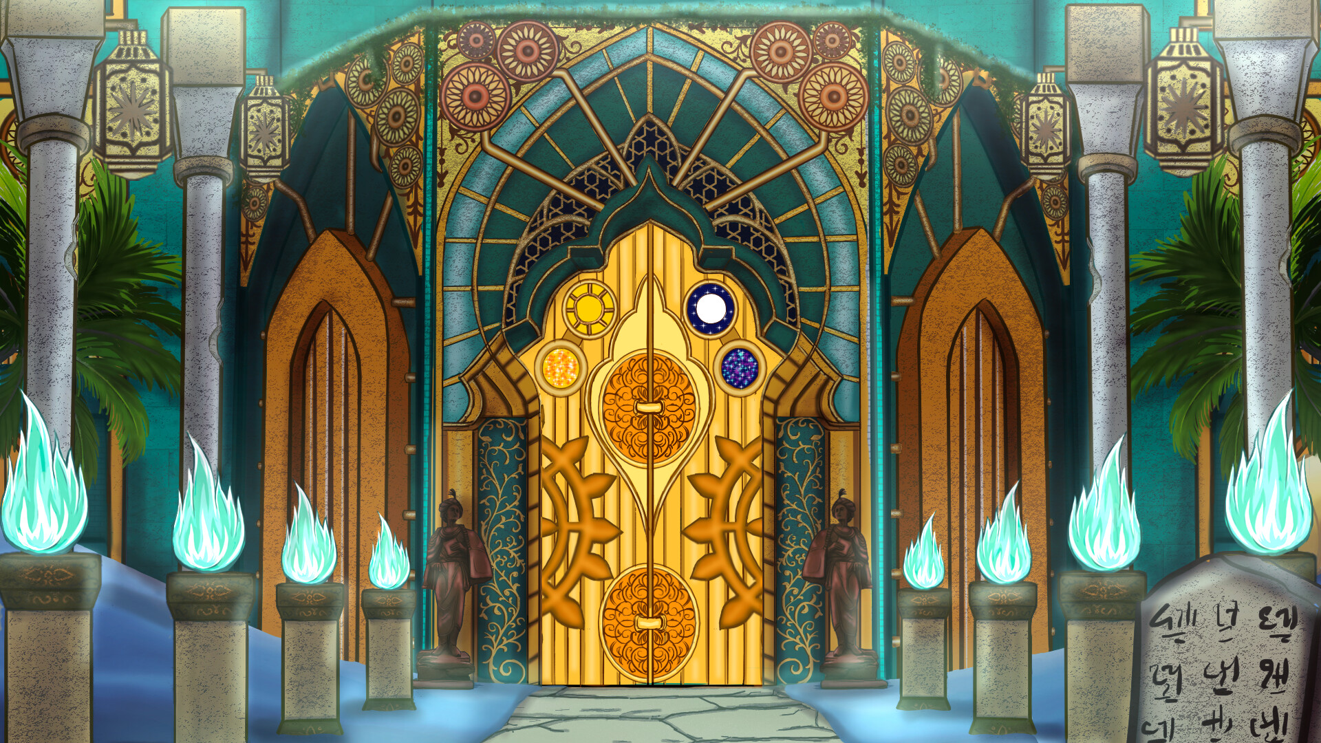 遊戲中的一個精緻場景,展示了帶有時鐘元素的大門