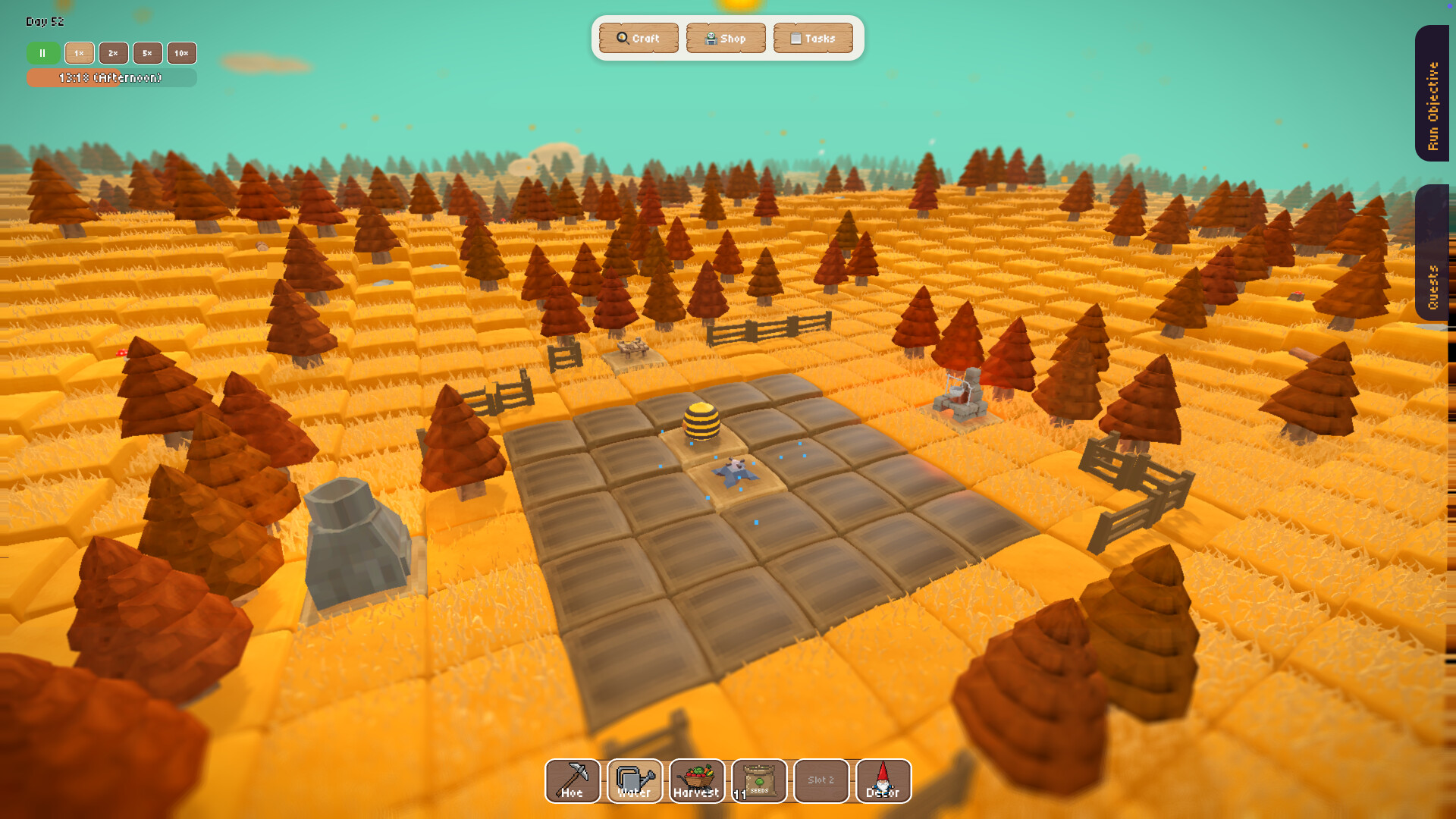 遊戲中的農場懸浮於虛空之中，玩家需在有限的土地上進行規劃。