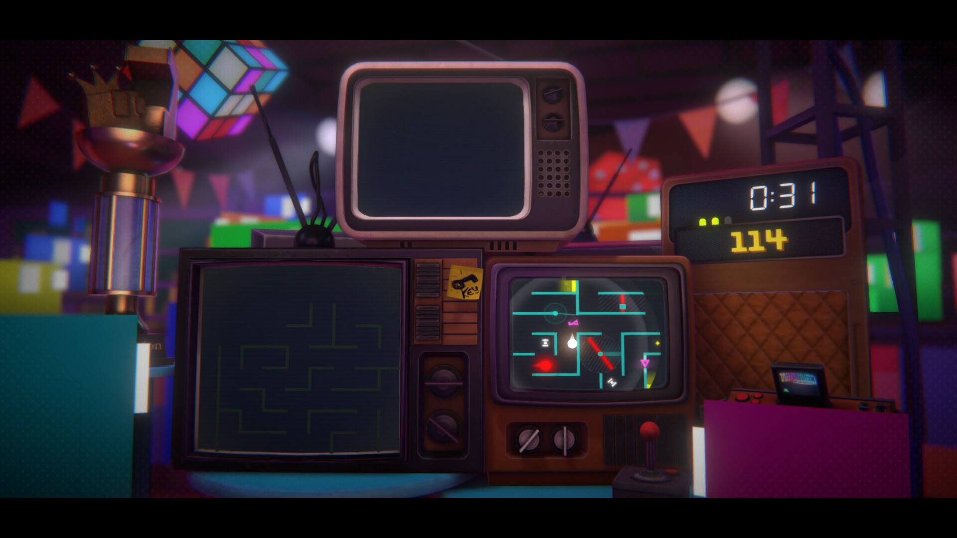 遊戲介面顯示了複雜的迷宮結構與閃爍的收集品，色彩鮮豔且具有復古美感。