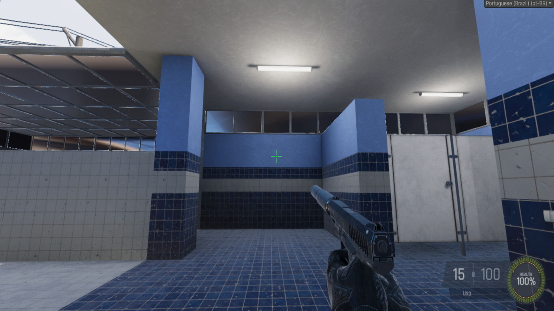 玩家在一個充滿工業管道的場景中射擊