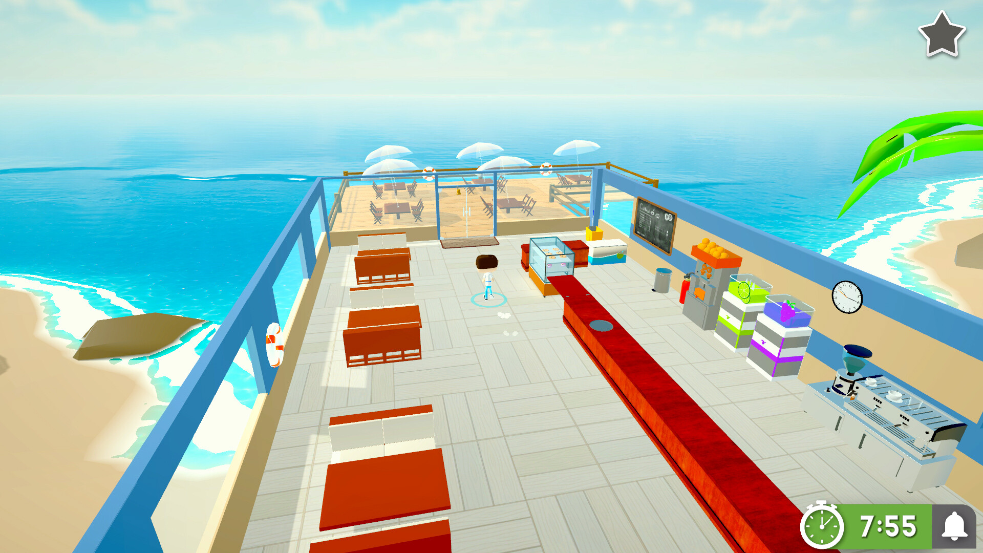 遊戲中的咖啡廳內部場景,包含多個工作區域。