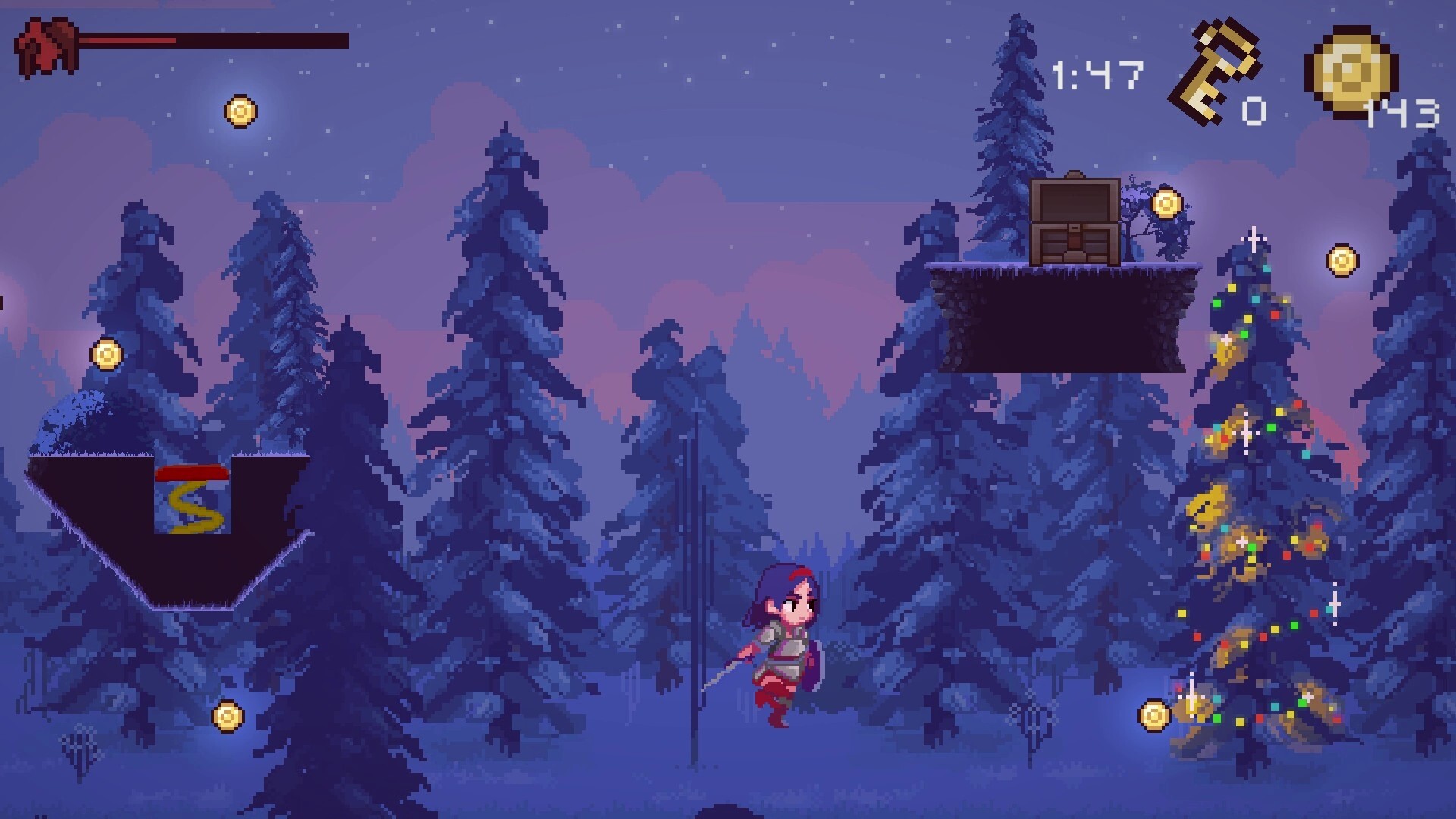 遊戲截圖:夜晚風格的關卡,光影效果為像素畫面增添了氛圍感