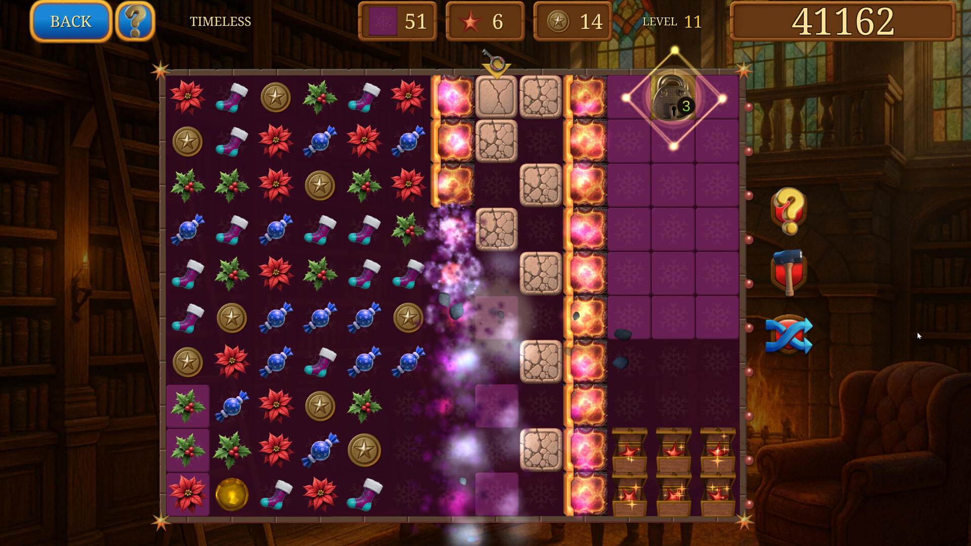 遊戲中的消除特效畫面，寶石消除時產生的光影效果十分絢麗。