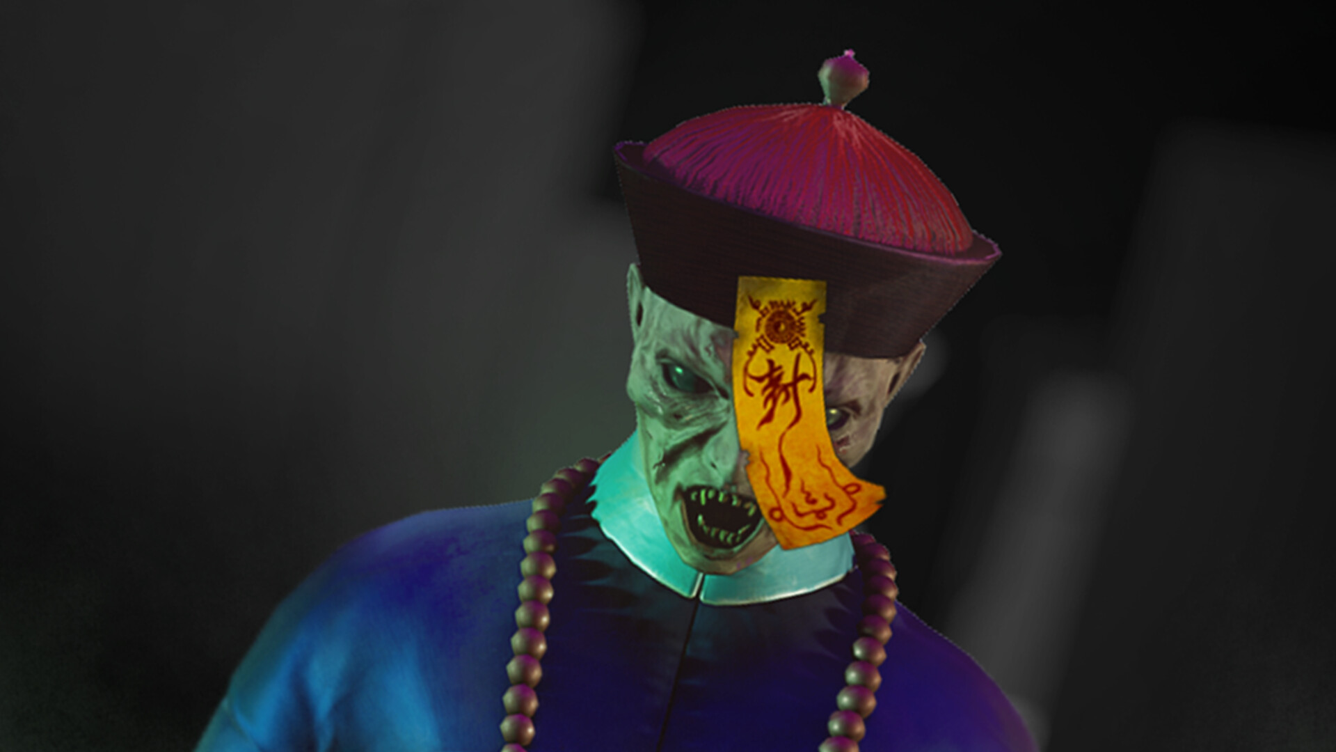 第一人稱視角下,玩家正手持符咒面對博物館內的超自然威脅,光影效果出色。