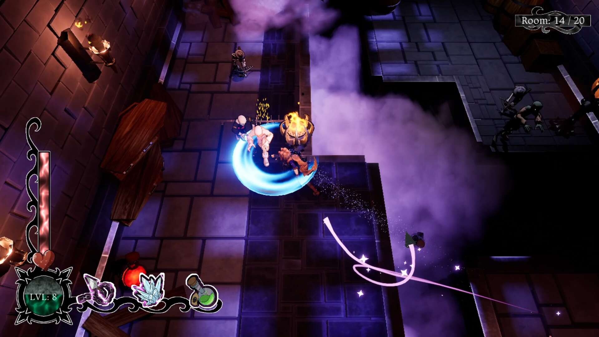 戰鬥畫面截圖,主角正使用火焰魔法與劍術對抗敵人。