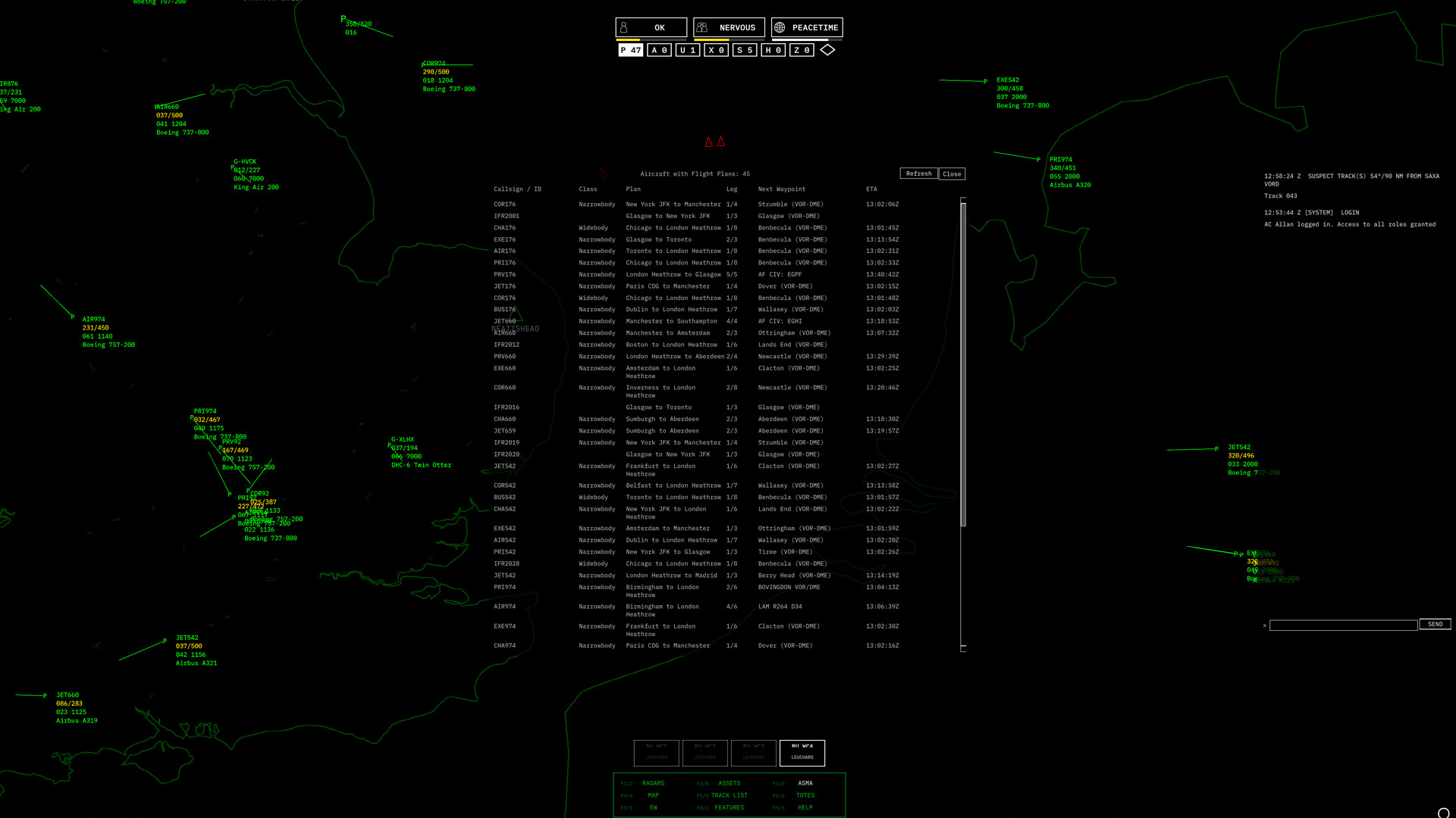 雷達螢幕上顯示著密集的航跡,考驗玩家的識別能力。