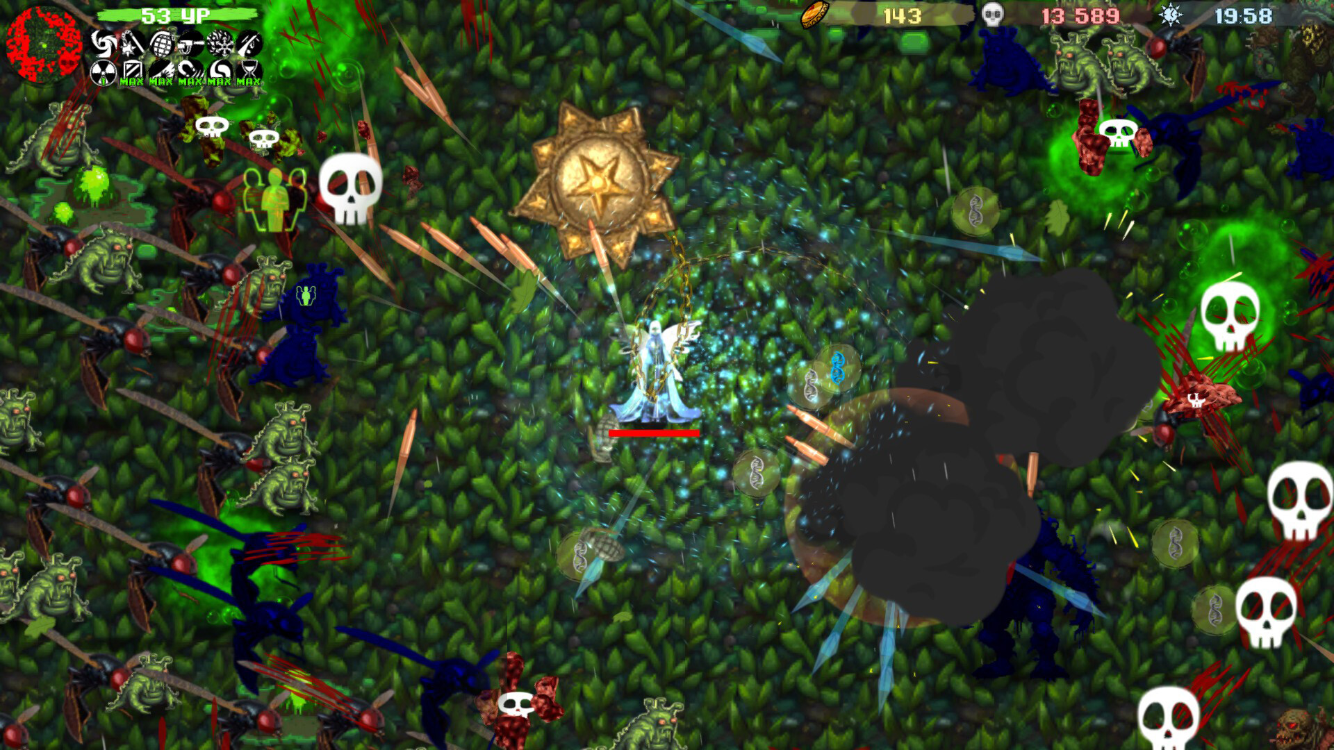 遊戲中,角色釋放華麗的範圍技能,清理周圍的大量敵人。