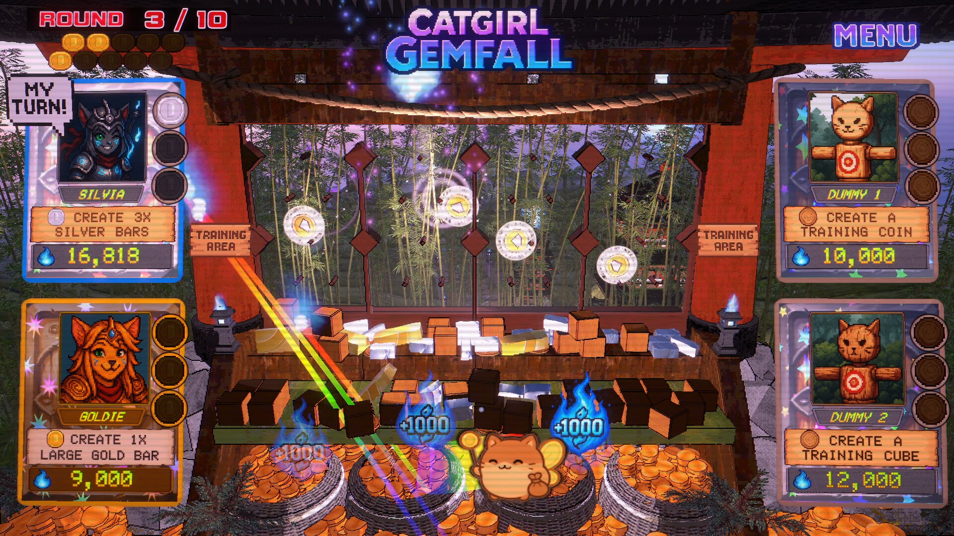 遊戲實機截圖 1:展示了基本的推幣機台佈局與貓娘立繪。