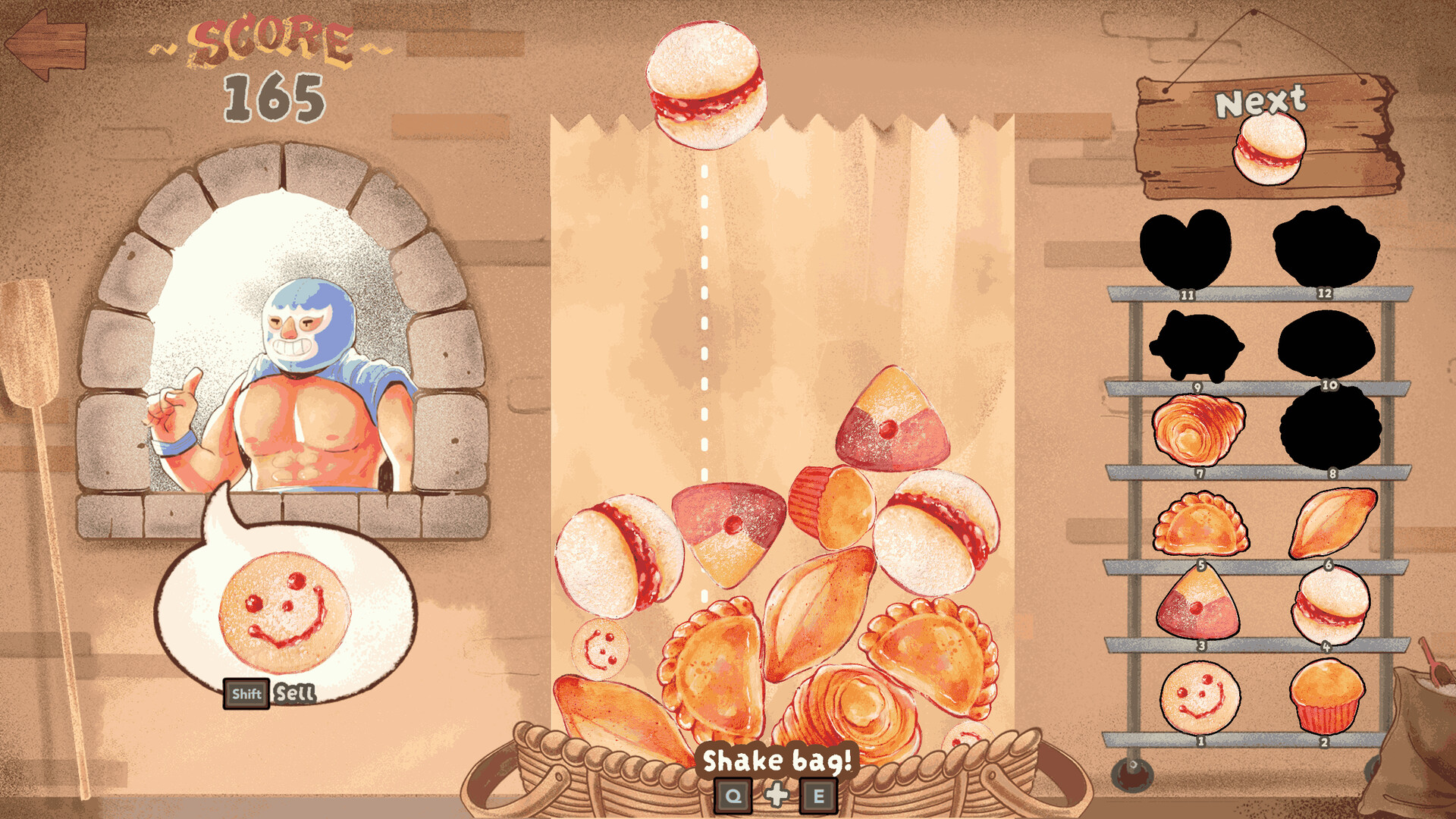 遊戲實機畫面，展示了麵包落下的物理效果與左側的顧客訂單介面