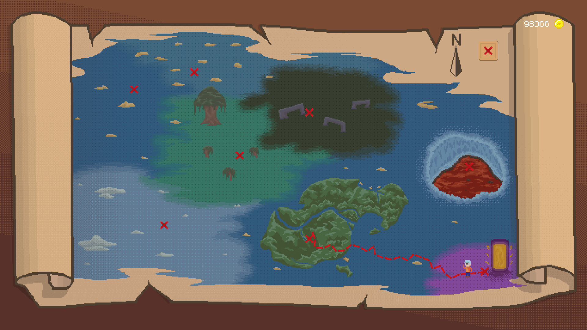 角色在商店中選購或升級釣魚裝備。