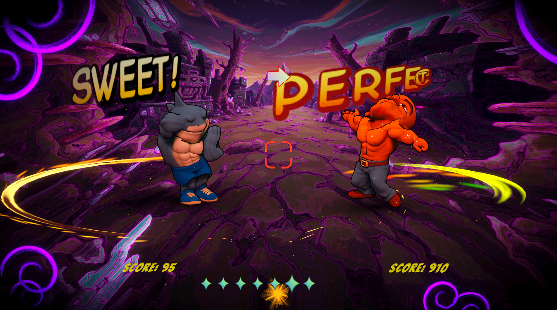 遊戲中的一個角色在充滿活力的舞台上跳舞。