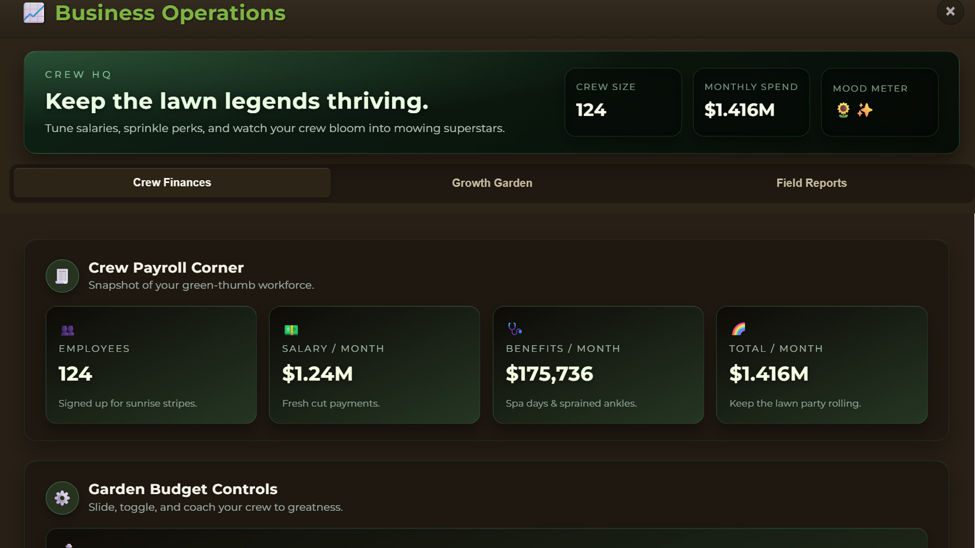 隨著遊戲進展，草坪上的活動變得更加熱鬧，各種升級項目讓畫面豐富多彩。