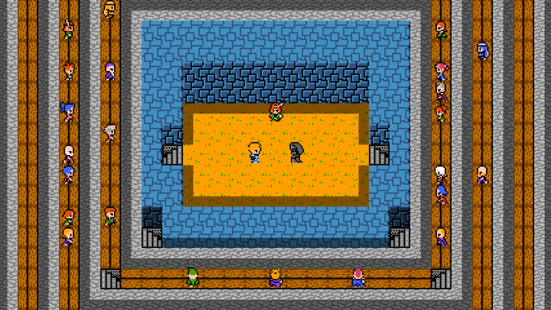 Pixel Pixie 戰鬥畫面，展示了隊伍對抗怪物的復古戰鬥場景