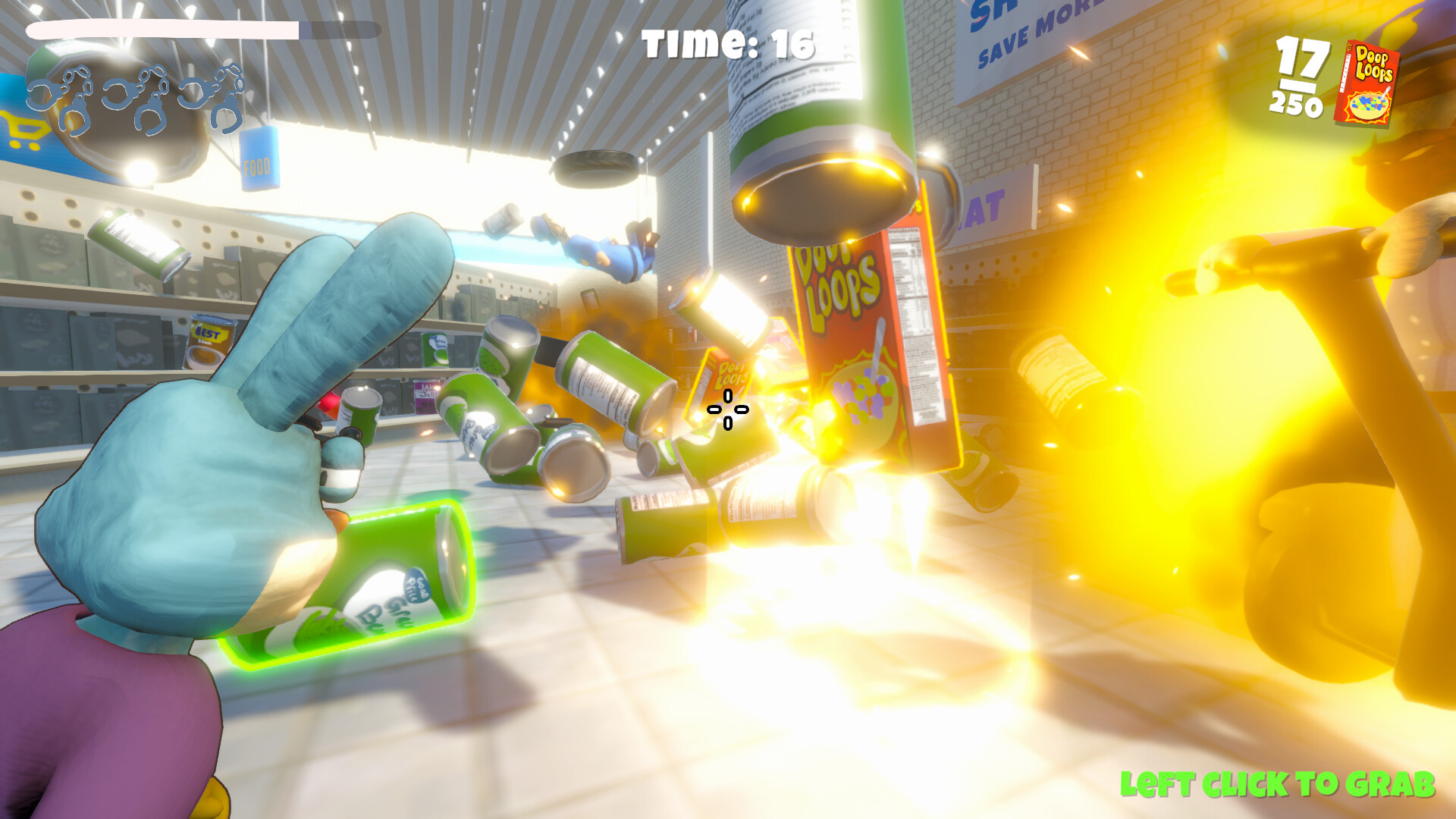 Loopy在充滿商品的超市走道中戰鬥，畫面充滿動感