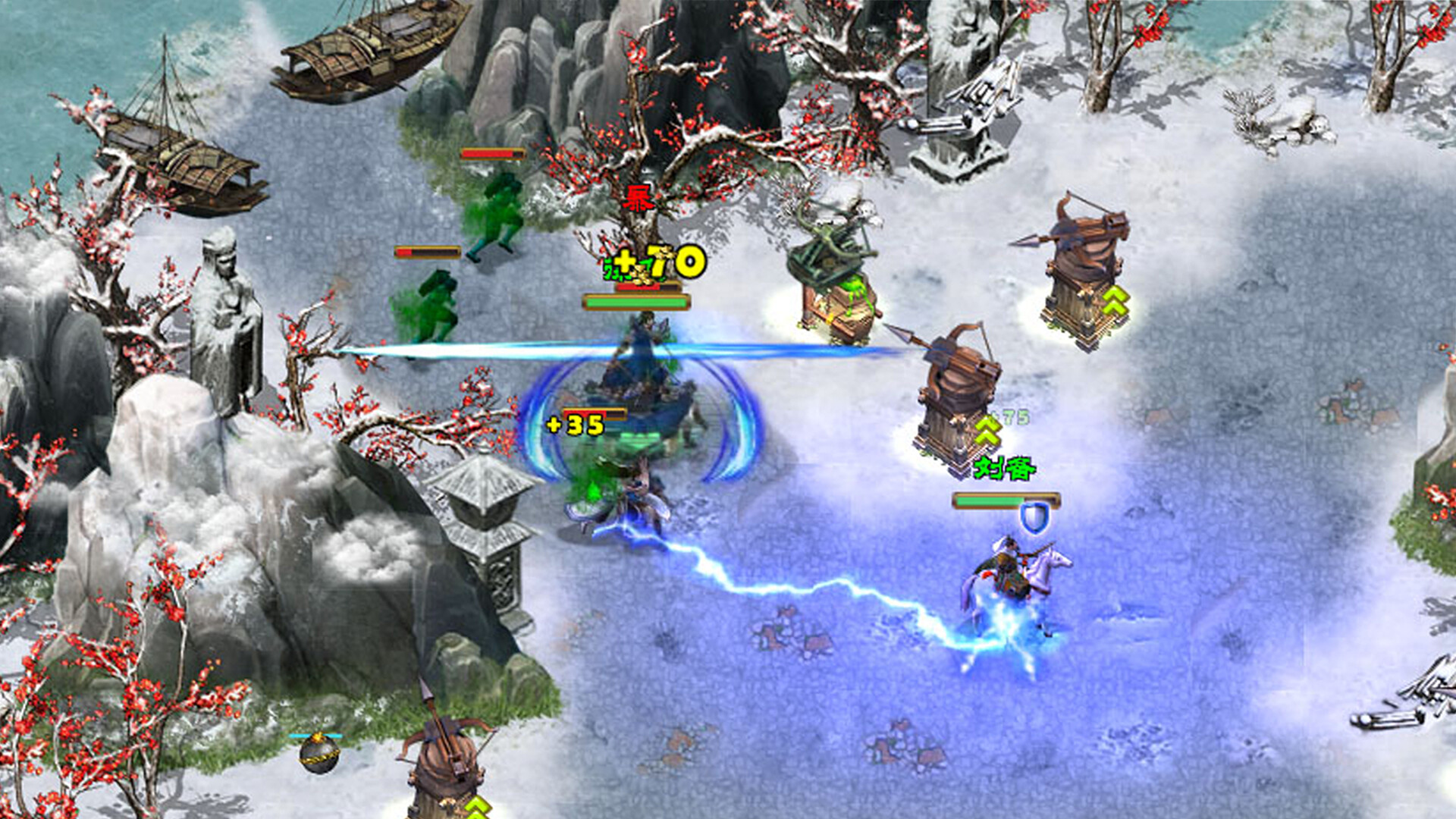 遊戲實機畫面,展示了複雜的地形與多樣化的防禦塔佈局