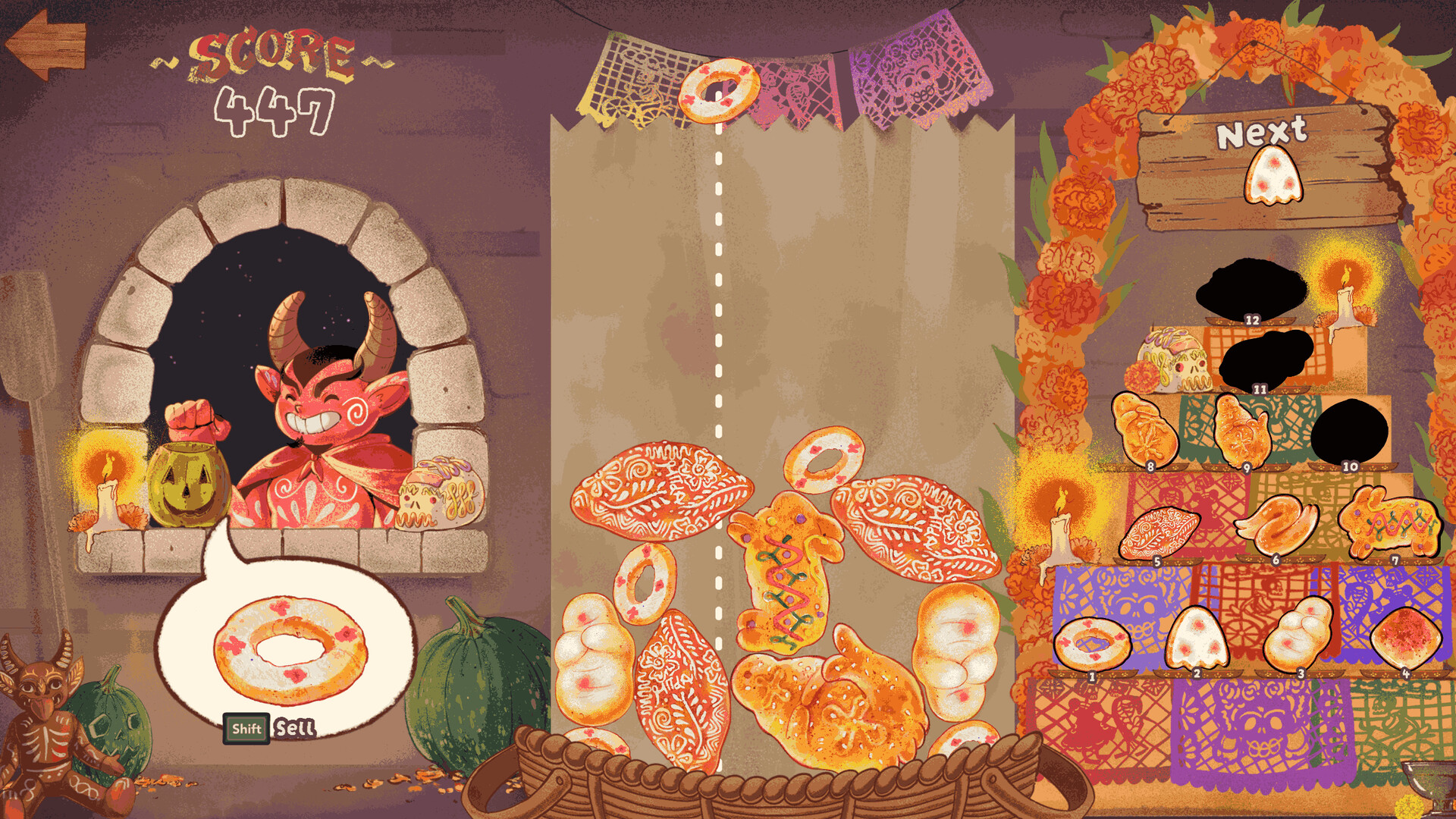 遊戲後期畫面，袋子中堆滿了各種高級麵包，挑戰玩家的空間管理能力