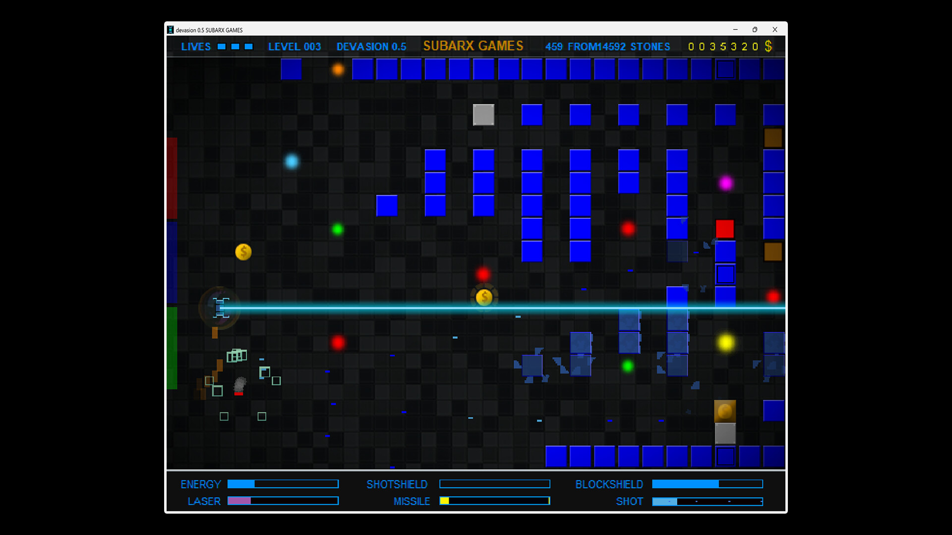 遊戲中的一個場景,飛船面對著複雜的岩石和障礙物組合。