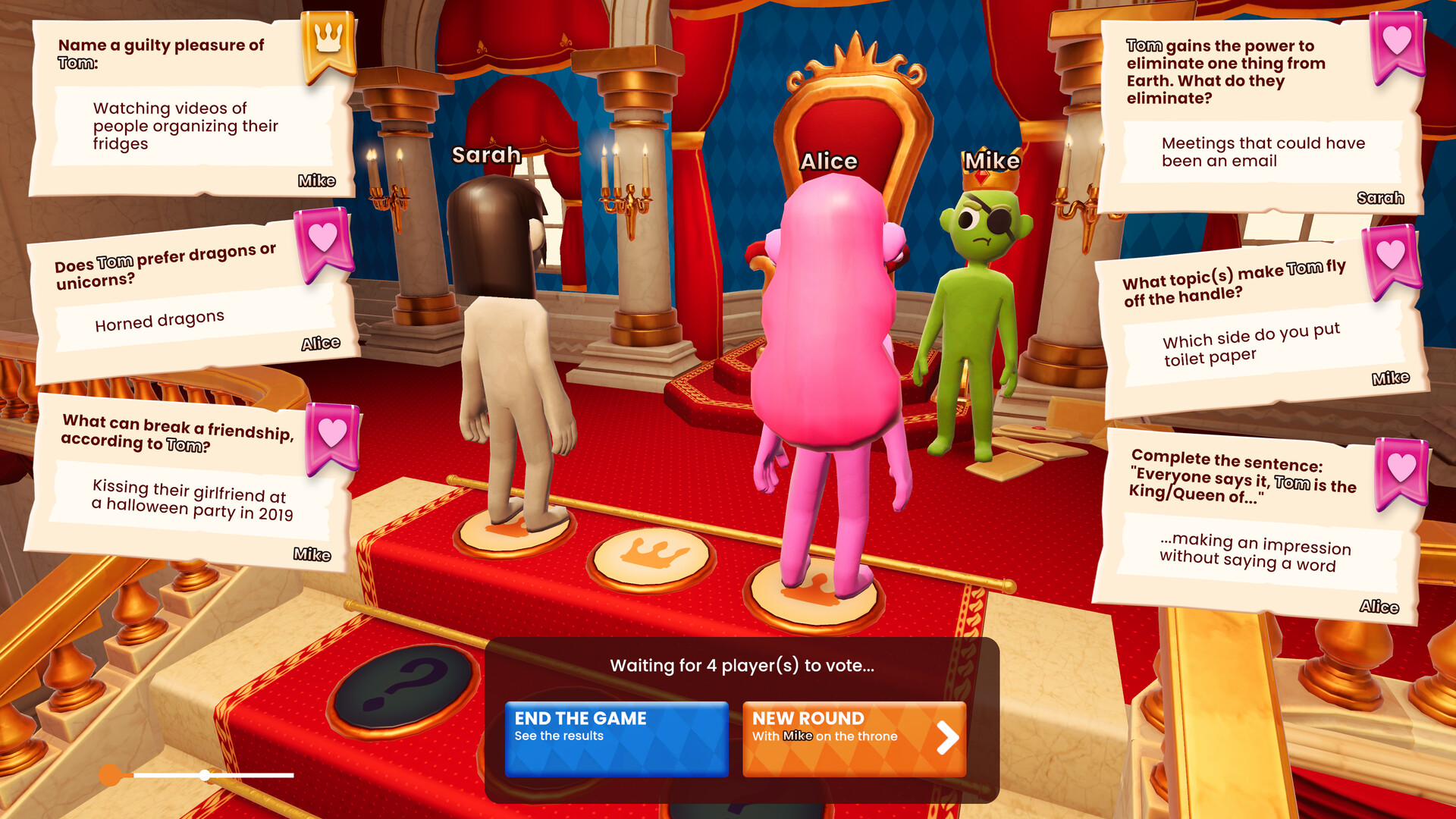 玩家透過輸入介面回答關於國王的問題，畫面風格逗趣