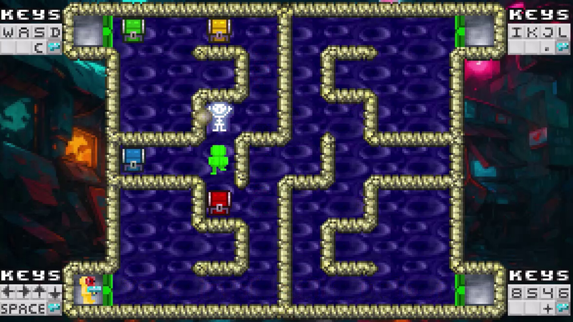 遊戲實機截圖，展示了多名玩家在充滿障礙物的關卡中激戰的場面。