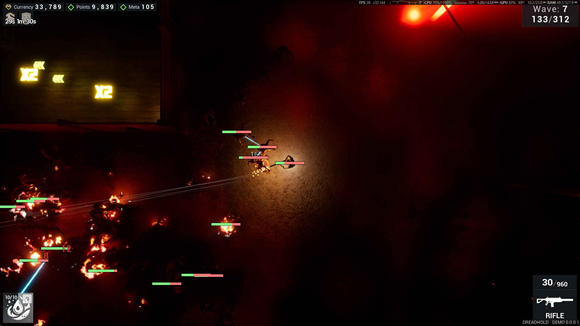 DreadHold 遊戲截圖，展示不同的武器與戰術運用