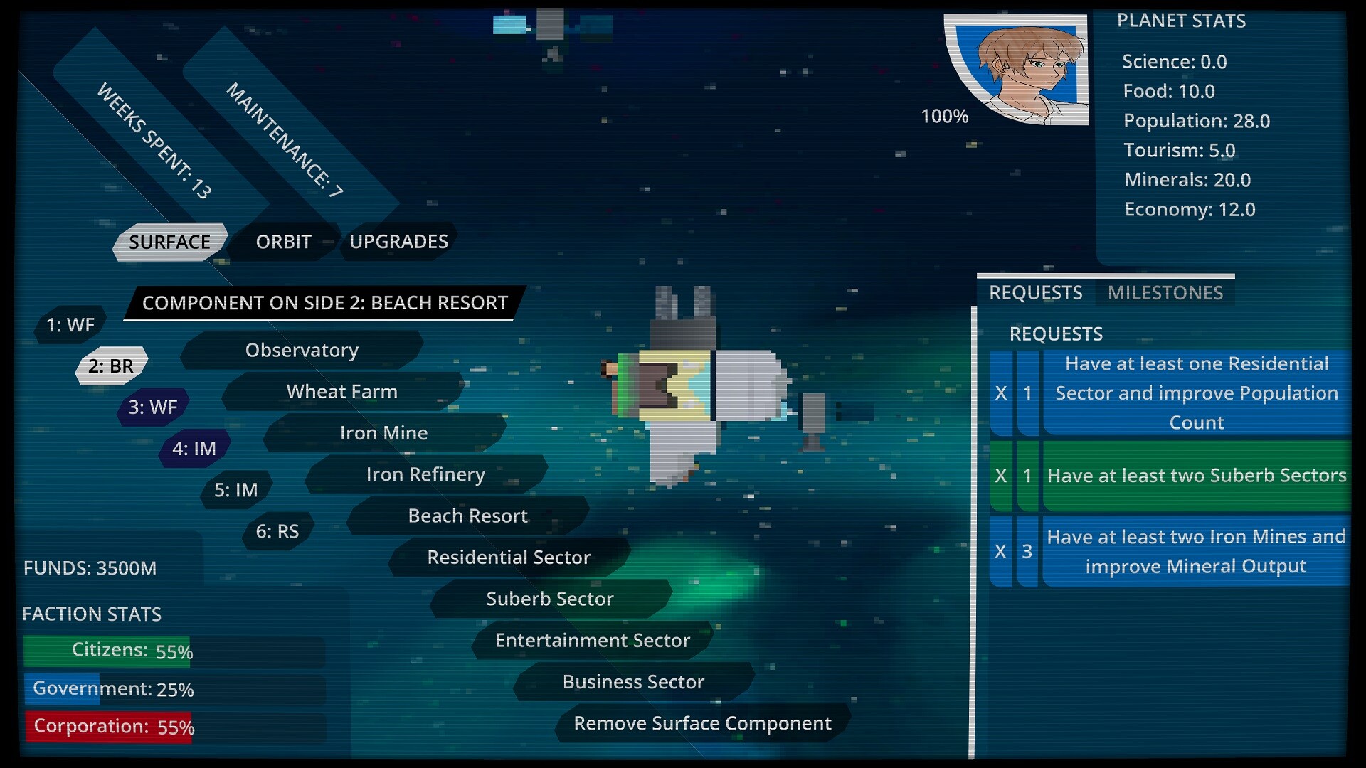 遊戲進程中的畫面，顯示了複雜的軌道衛星網絡