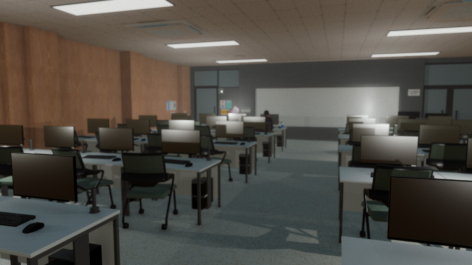 現代校園走廊中隱藏著未知的危險，玩家需時刻保持警惕。