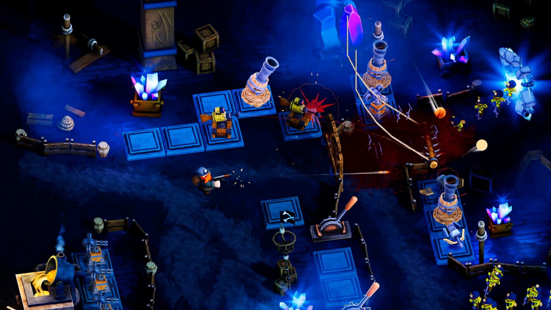 激烈的戰鬥場面，防禦塔與玩家共同對抗敵人