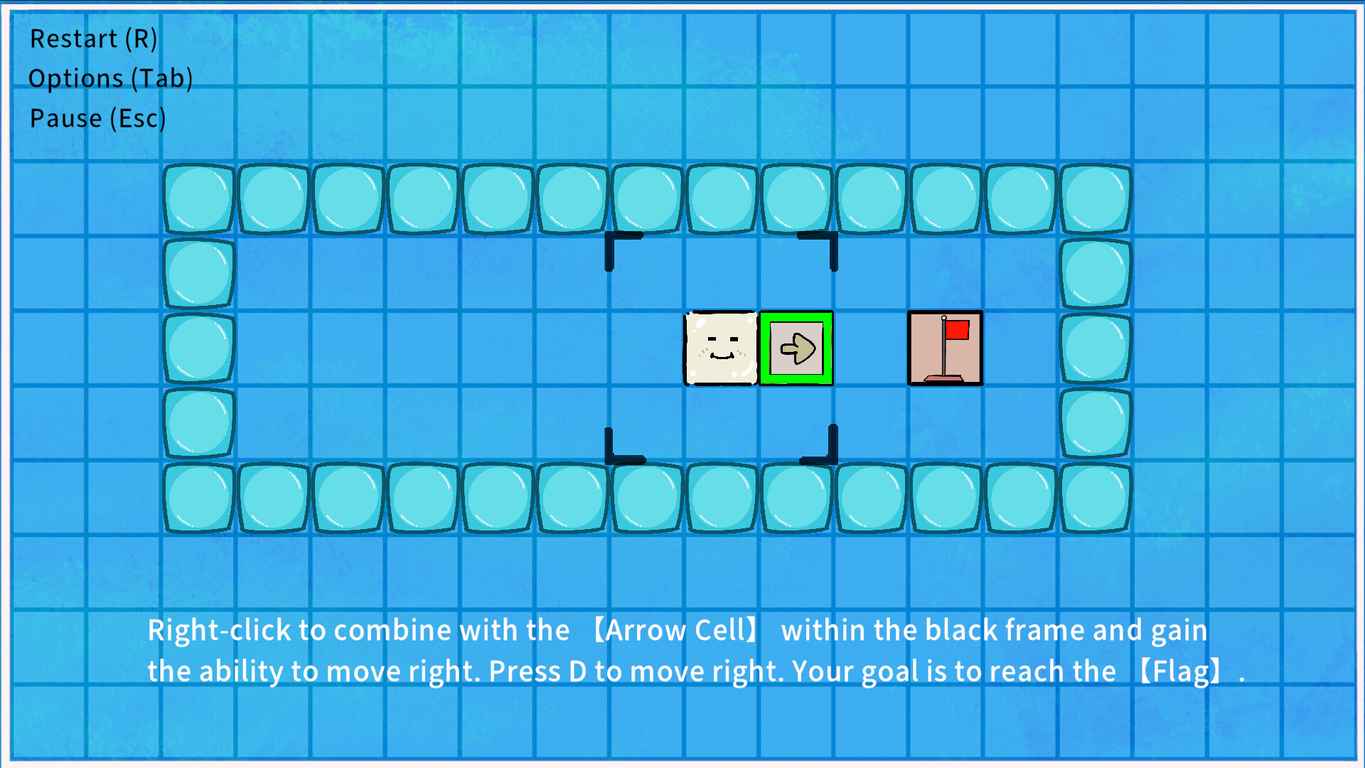遊戲初期關卡展示，網格狀的地圖設計與基本的移動教學