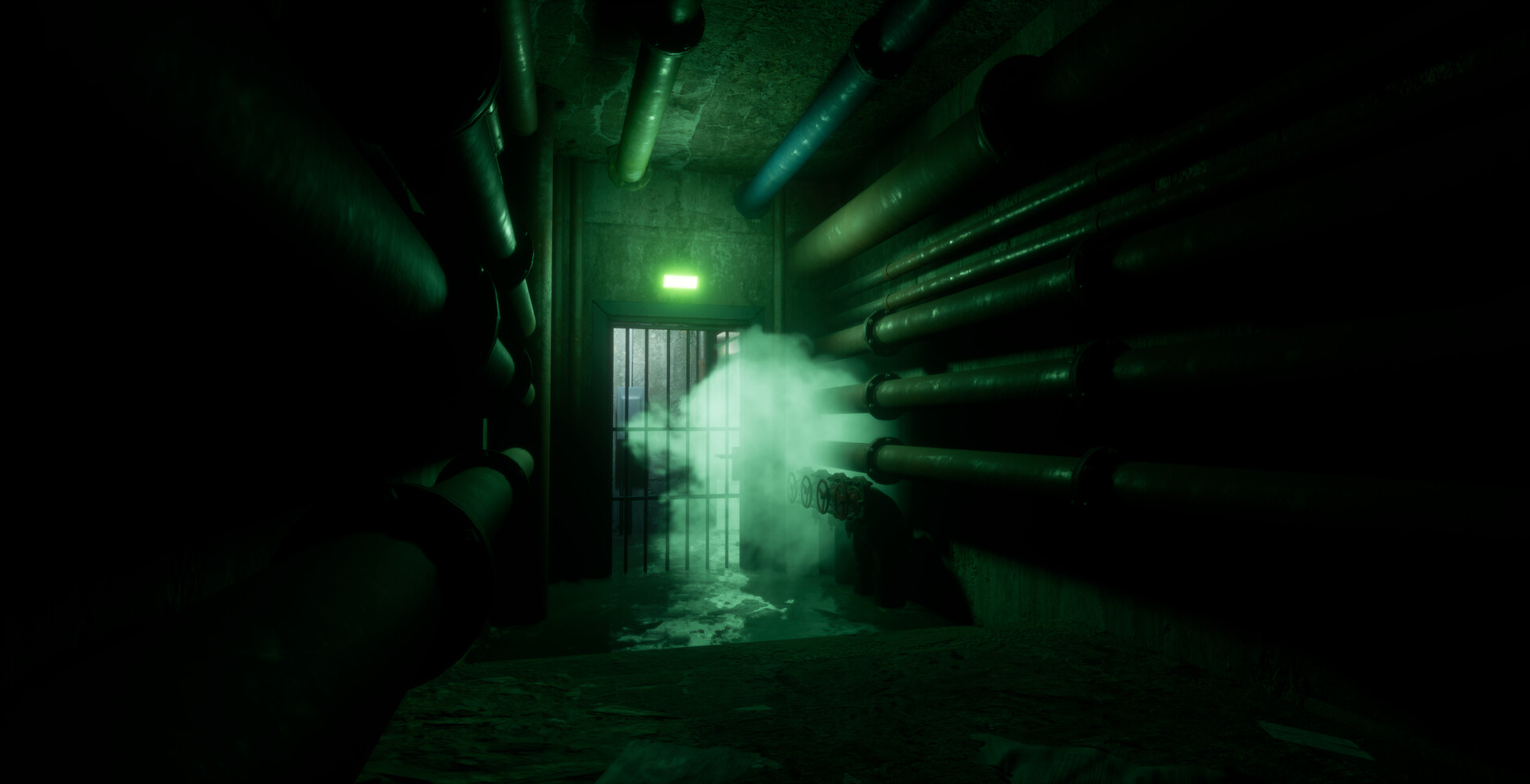 遊戲中的一個戶外場景,雪地上的腳印通往一棟亮著燈的小屋,氣氛詭譎。