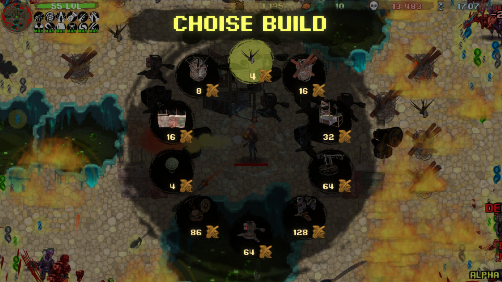 遊戲中的一個場景,展示了獨特的像素藝術風格和敵人設計。