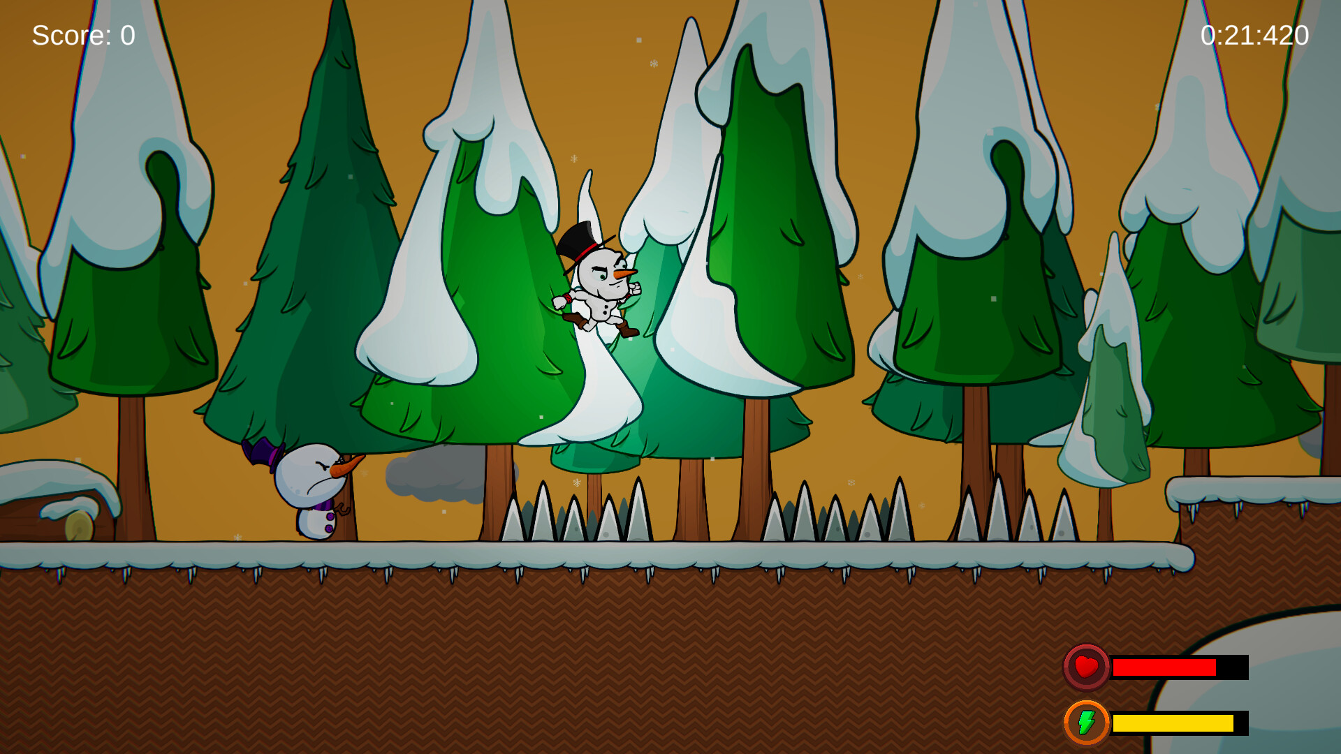 遊戲中的平台跳躍關卡，背景是充滿節日氣氛的雪地森林