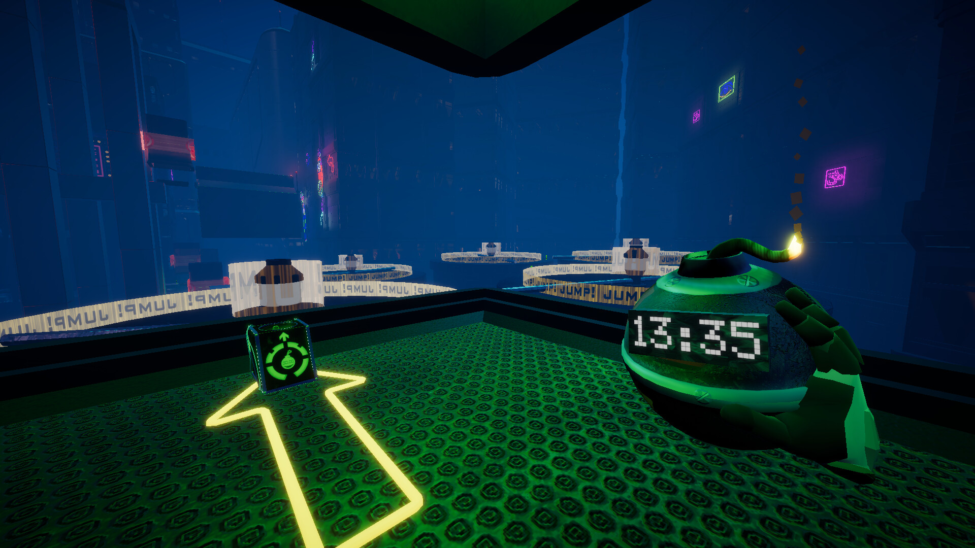 一名玩家在空中跳躍，試圖到達對面的平台。