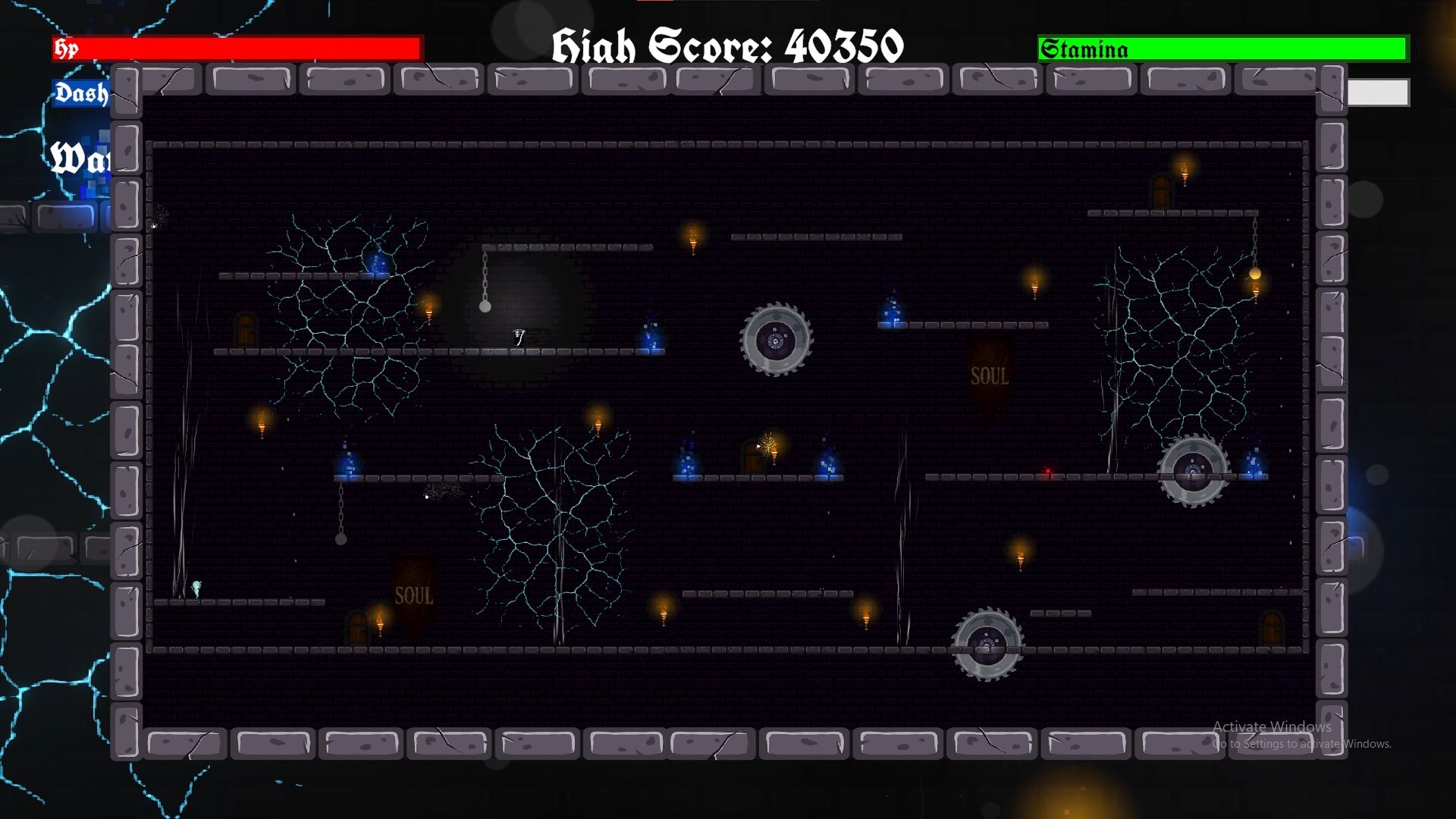 遊戲關卡截圖，展示了平台跳躍與戰鬥的結合