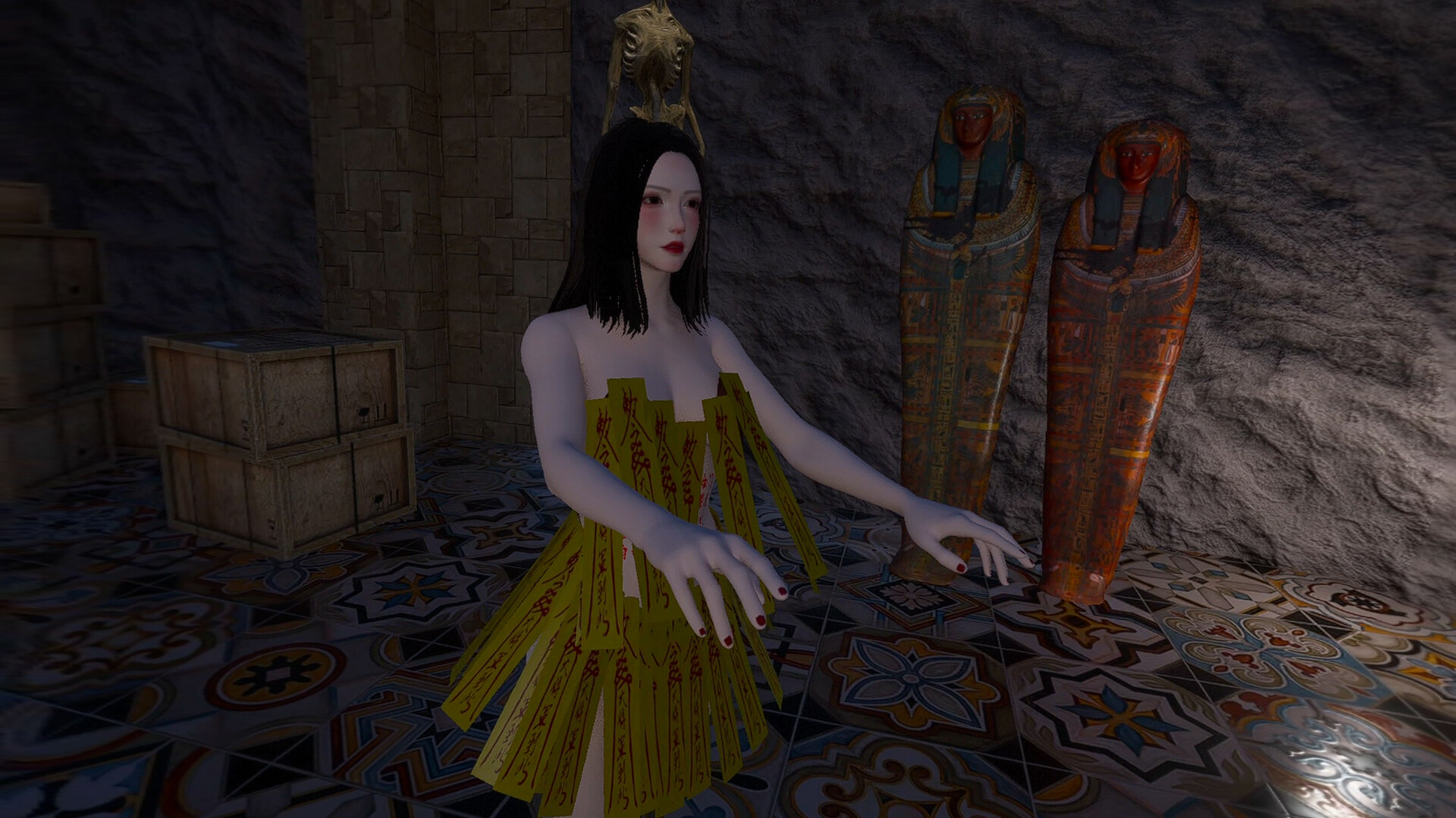 博物館內部場景,展示了精緻的展品陳列與詭異的燈光氛圍,營造出強烈的懸疑感。