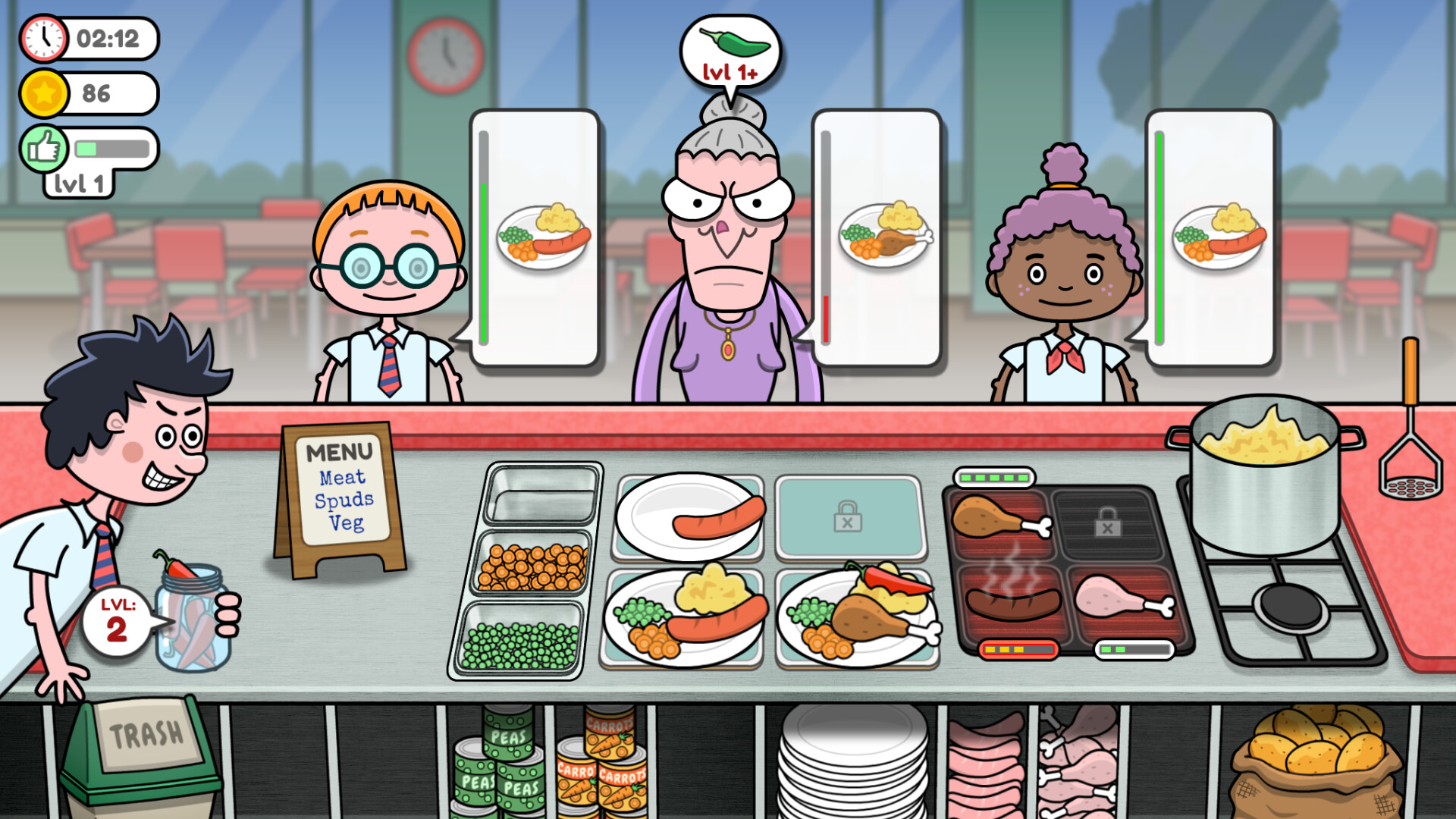 遊戲中的廚房場景，玩家需要同時處理多個訂單