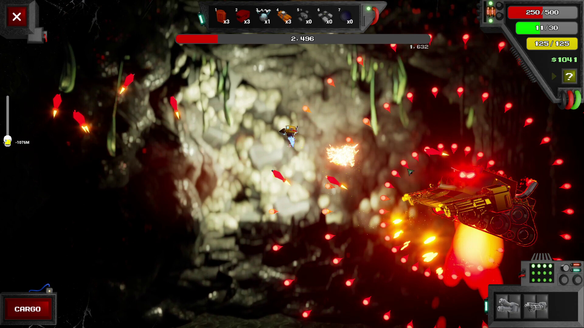 遊戲實機畫面，玩家駕駛機甲在色彩鮮豔的地下洞穴中進行挖掘作業