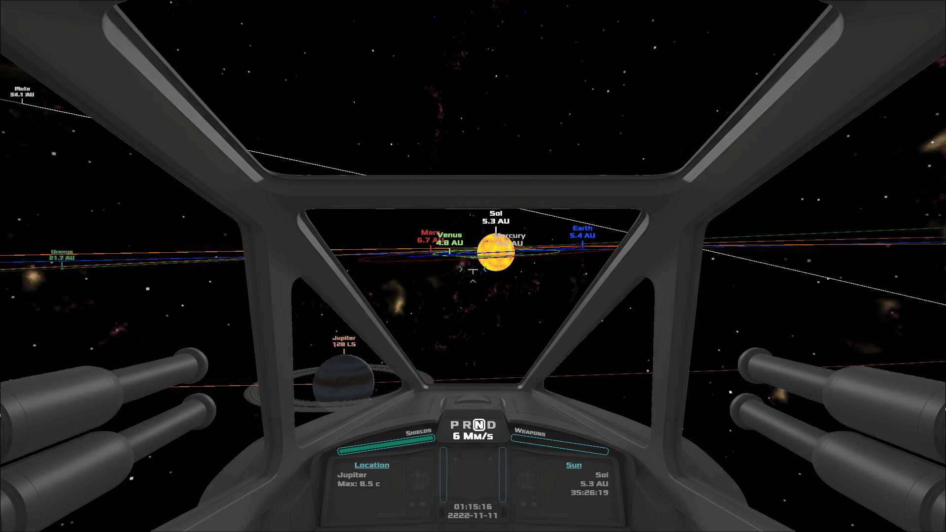 玩家駕駛戰機在行星軌道上航行,背景是巨大的行星與深邃的宇宙