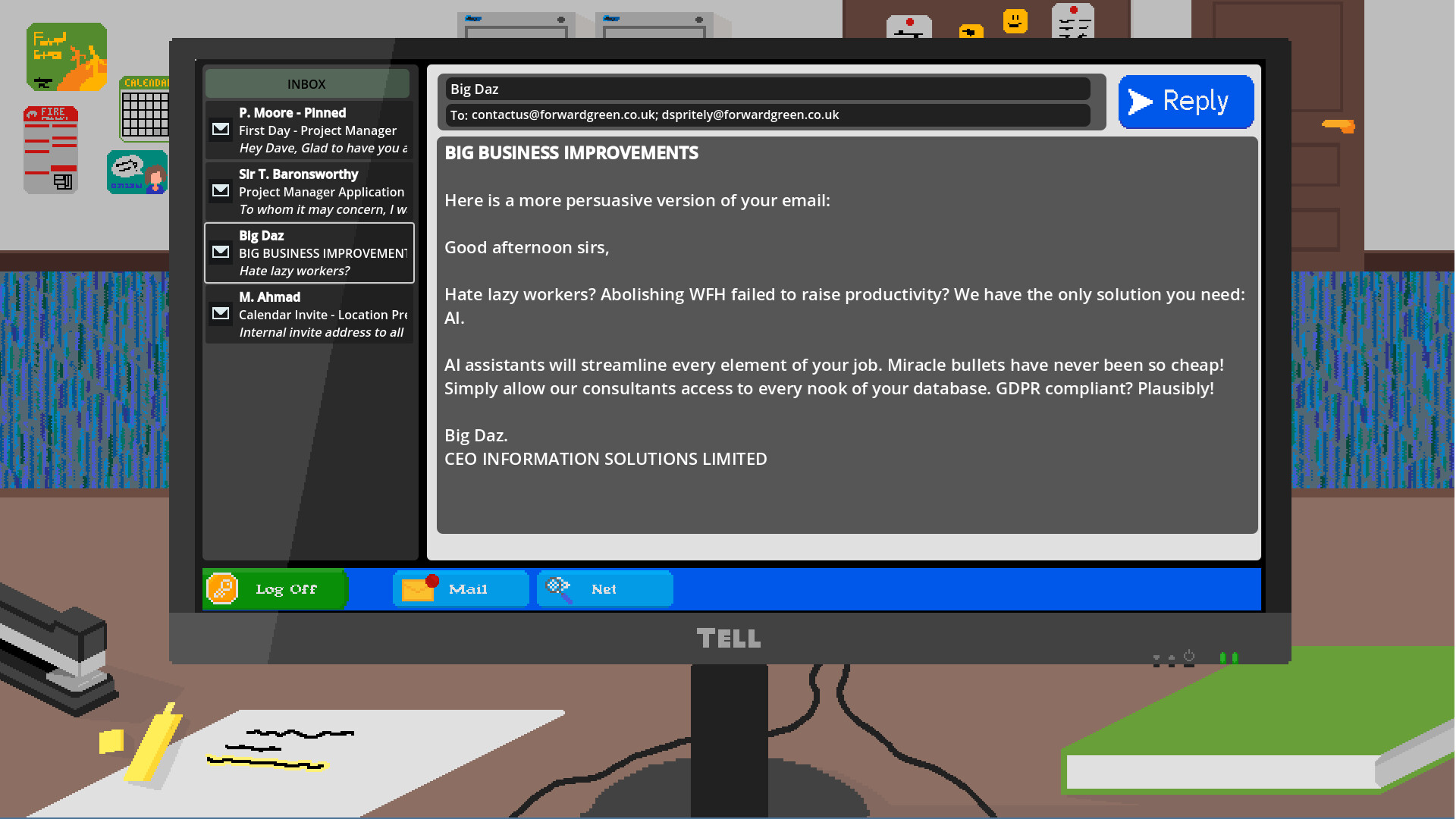 與上司的對話場景，玩家的選擇將影響關係與劇情走向。