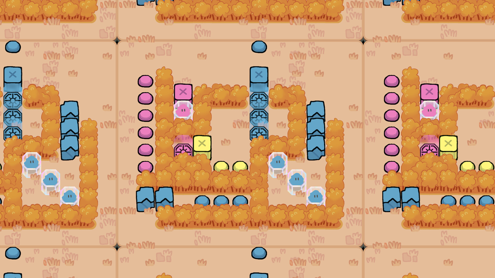 一個秋季色調的場景,有多個角色同時出現。