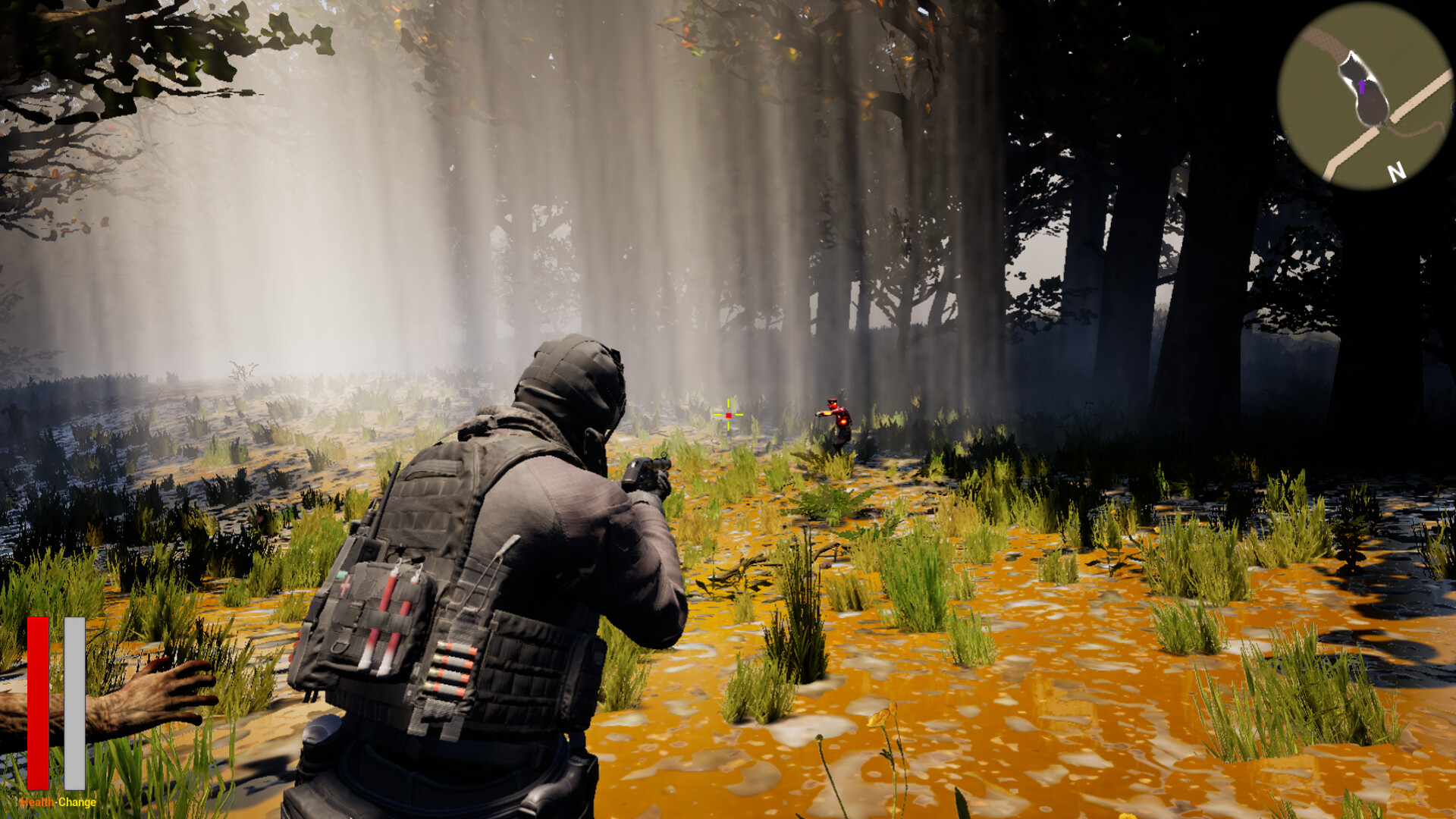 主角手持步槍，在充滿敵意的環境中警戒。