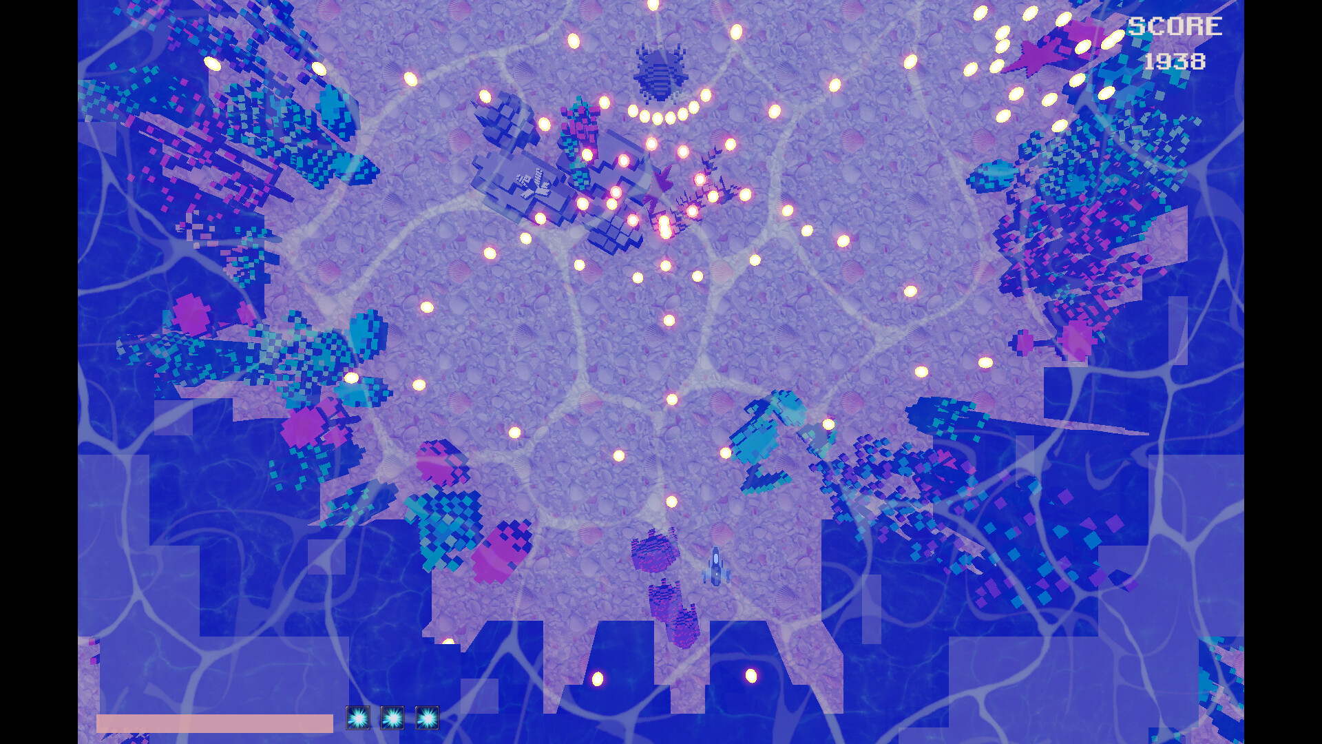 遊戲中後期的戰鬥場景,色彩鮮豔的彈幕與 3D 背景形成強烈對比。