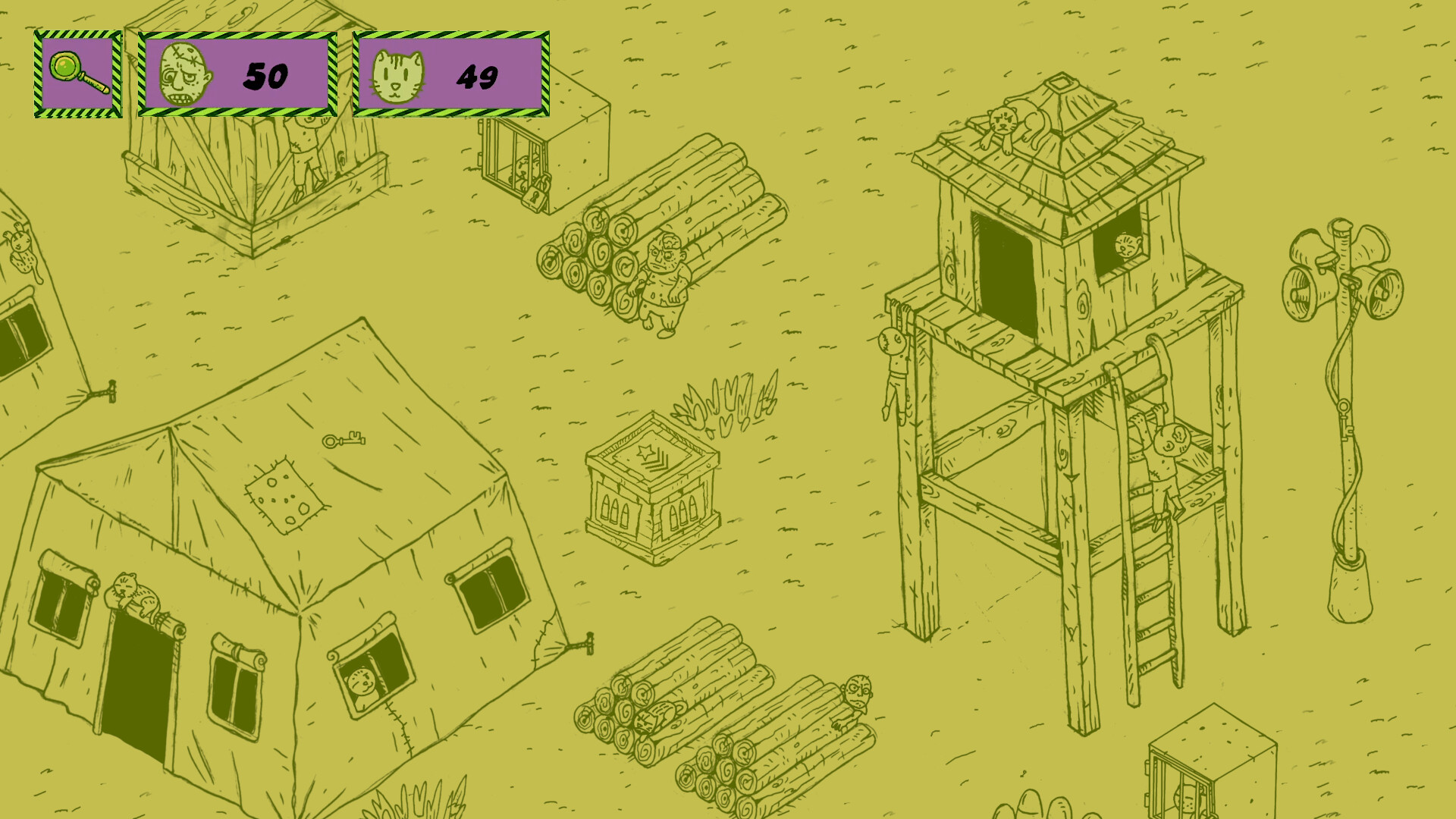 遊戲場景局部特寫,可以看到隱藏在各處的貓咪與殭屍