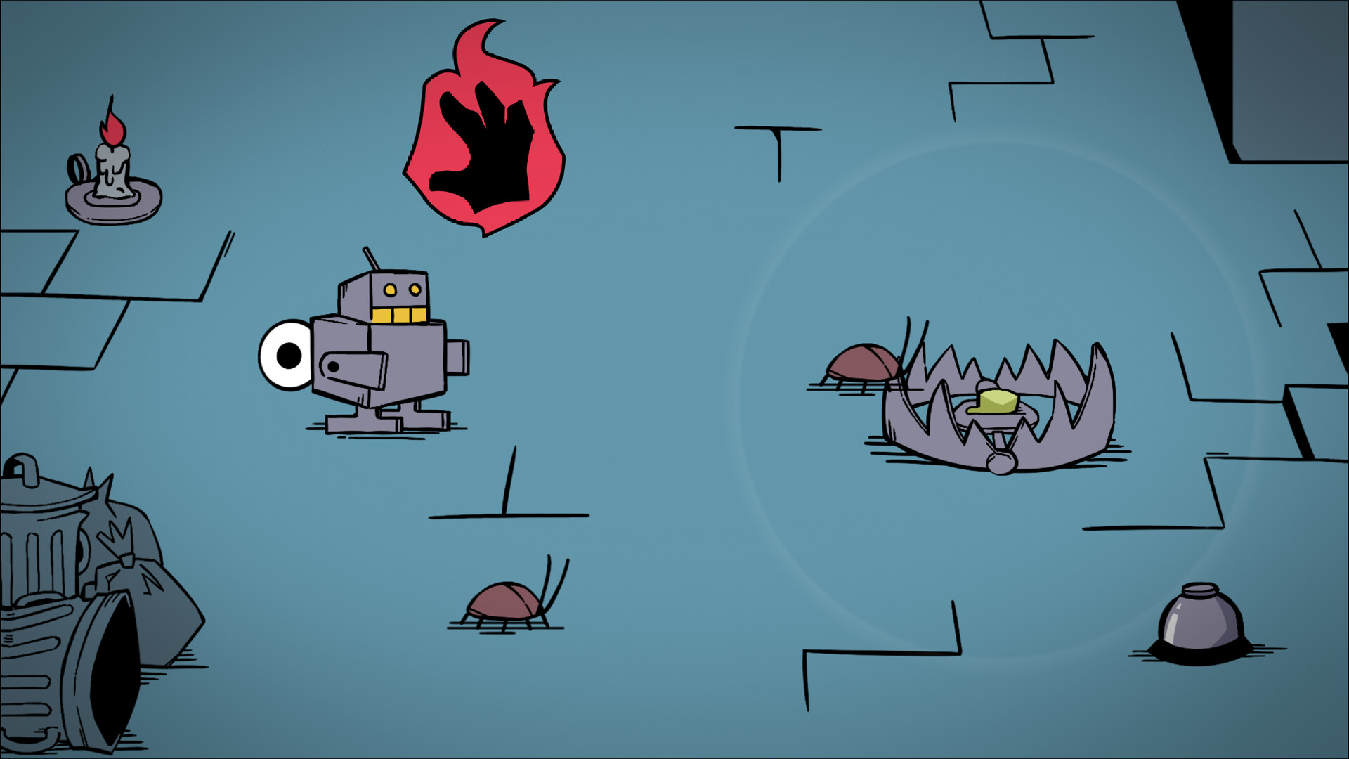 遊戲中的解謎場景，玩家需要利用有限的資源點燃火源。