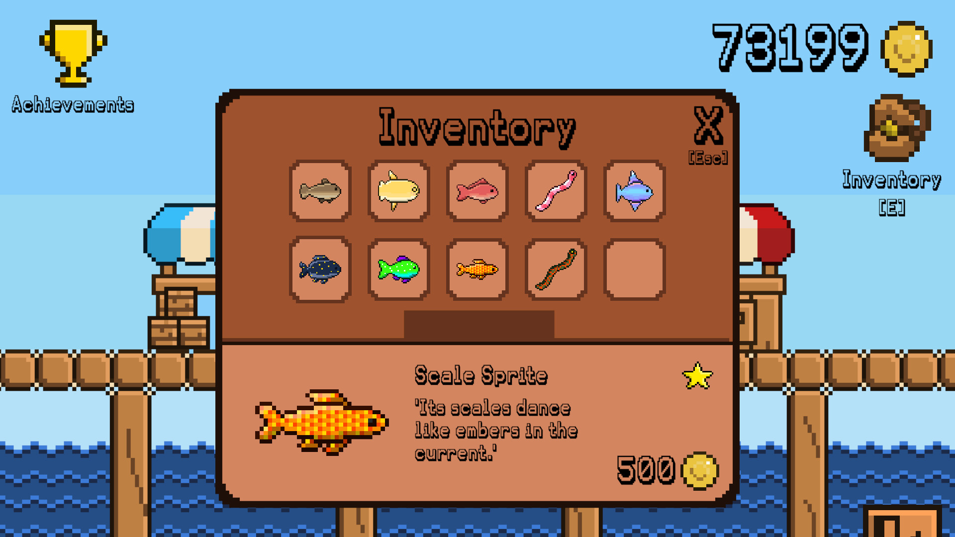 遊戲的物品欄介面，展示了玩家捕獲的各種魚類。