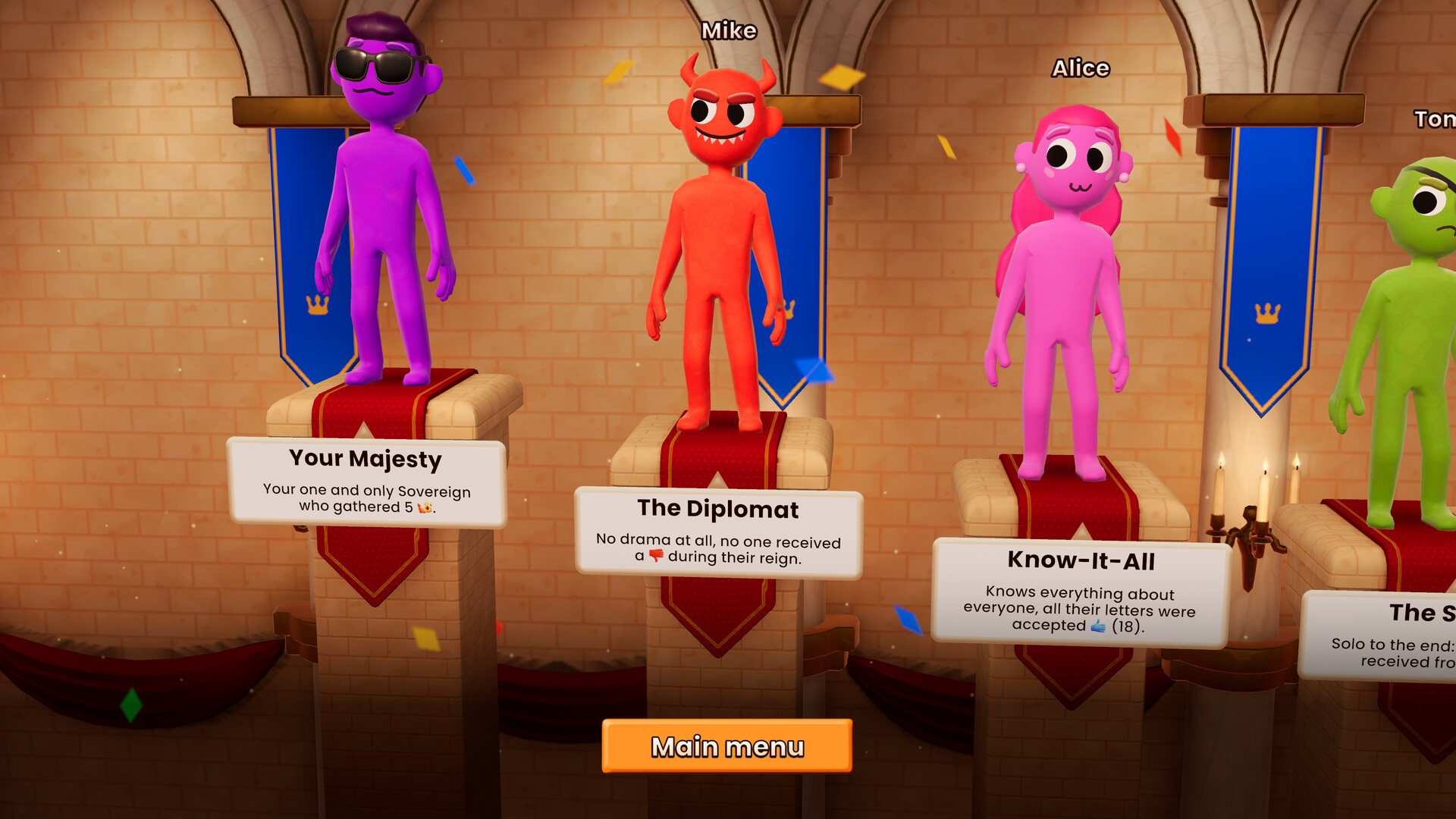 遊戲結算畫面，展示獲勝者與獲得的特殊稱號