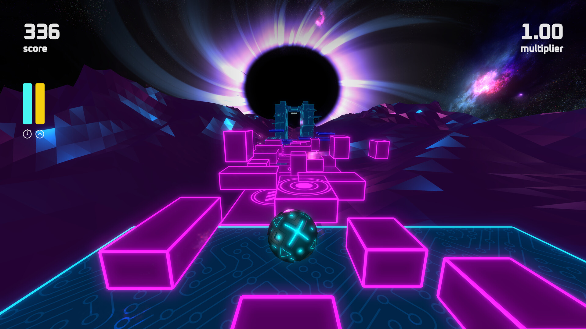 遊戲中的個人化粒子特效展示，配合背景的高對比度幾何圖形