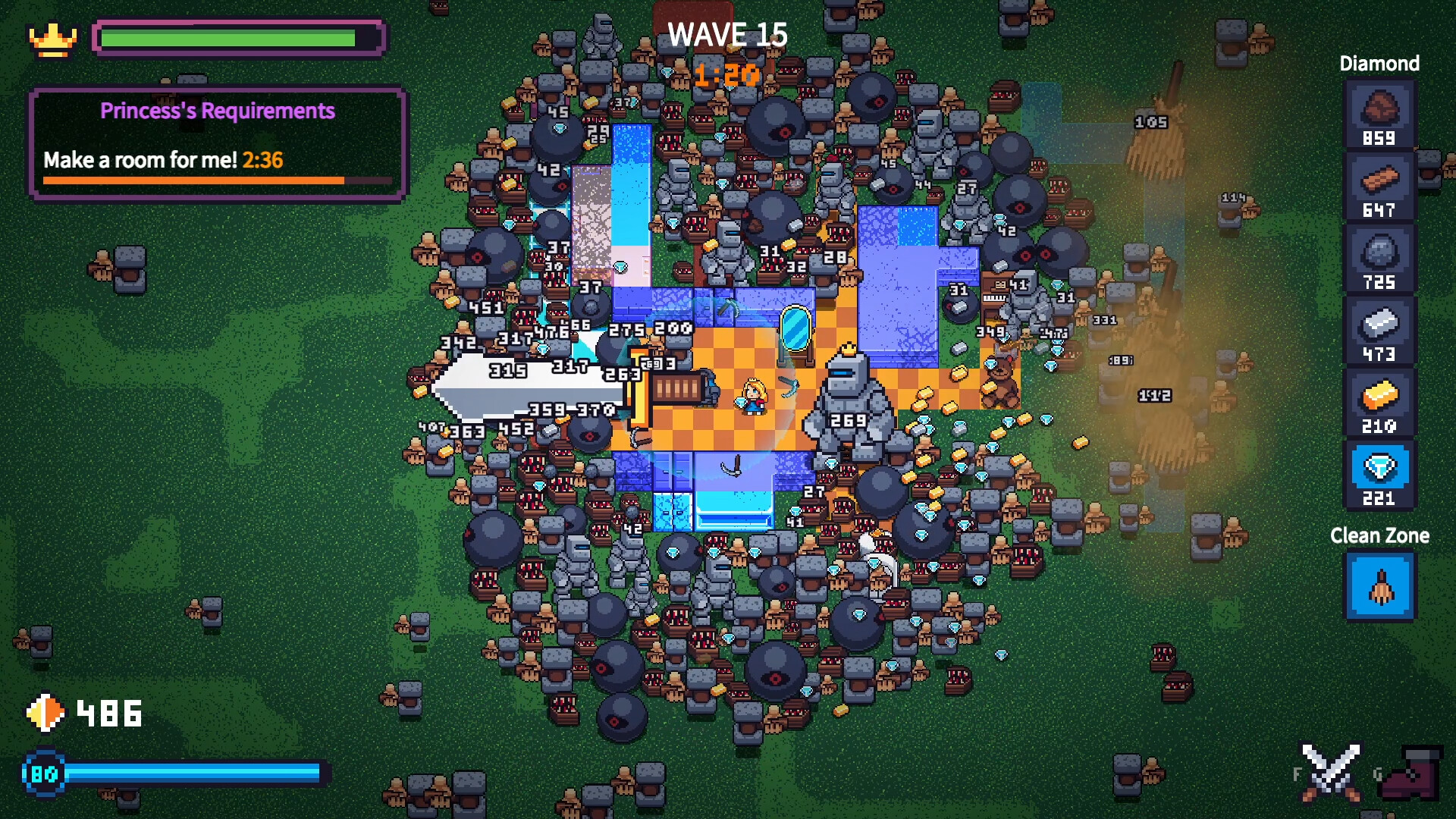 公主身處險境,周圍怪物環伺,玩家需一邊戰鬥一邊建設