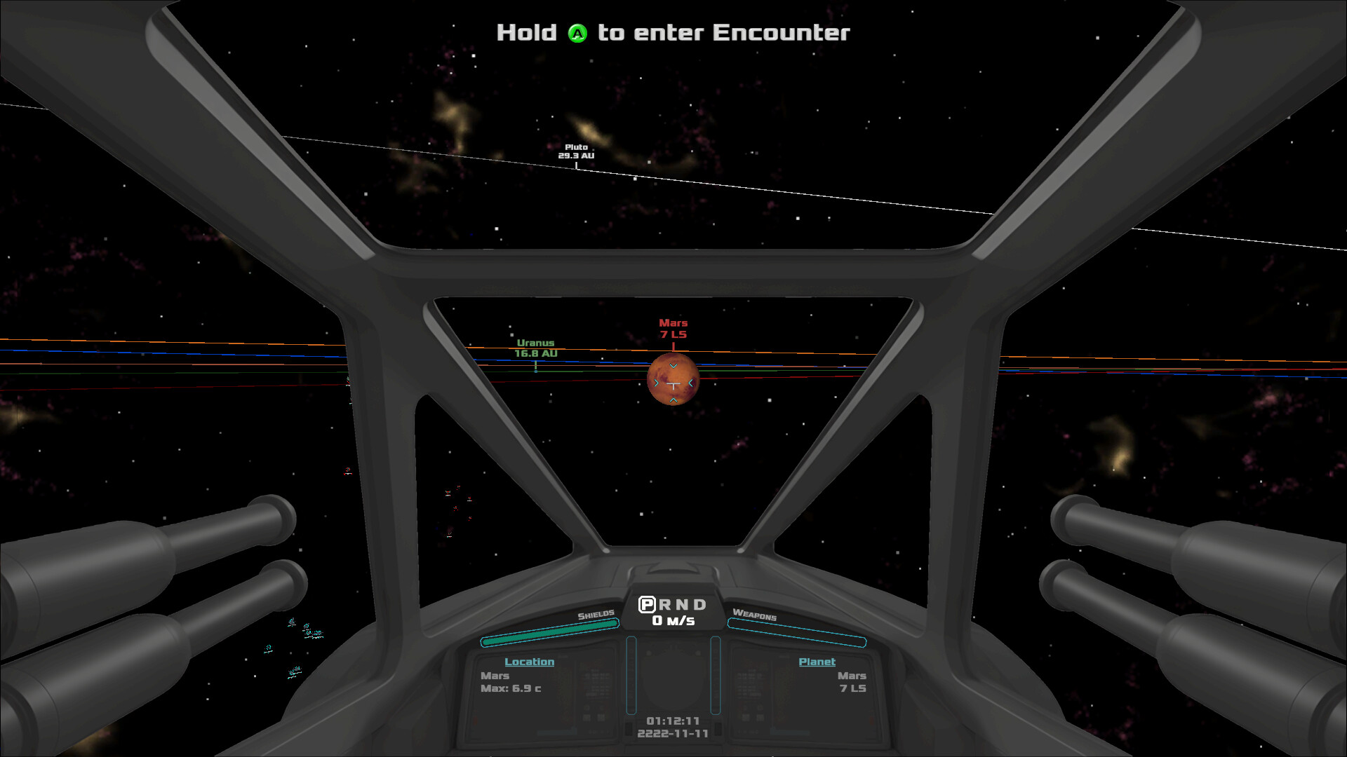 第一人稱駕駛艙視角,儀表板細節豐富,前方是巨大的行星