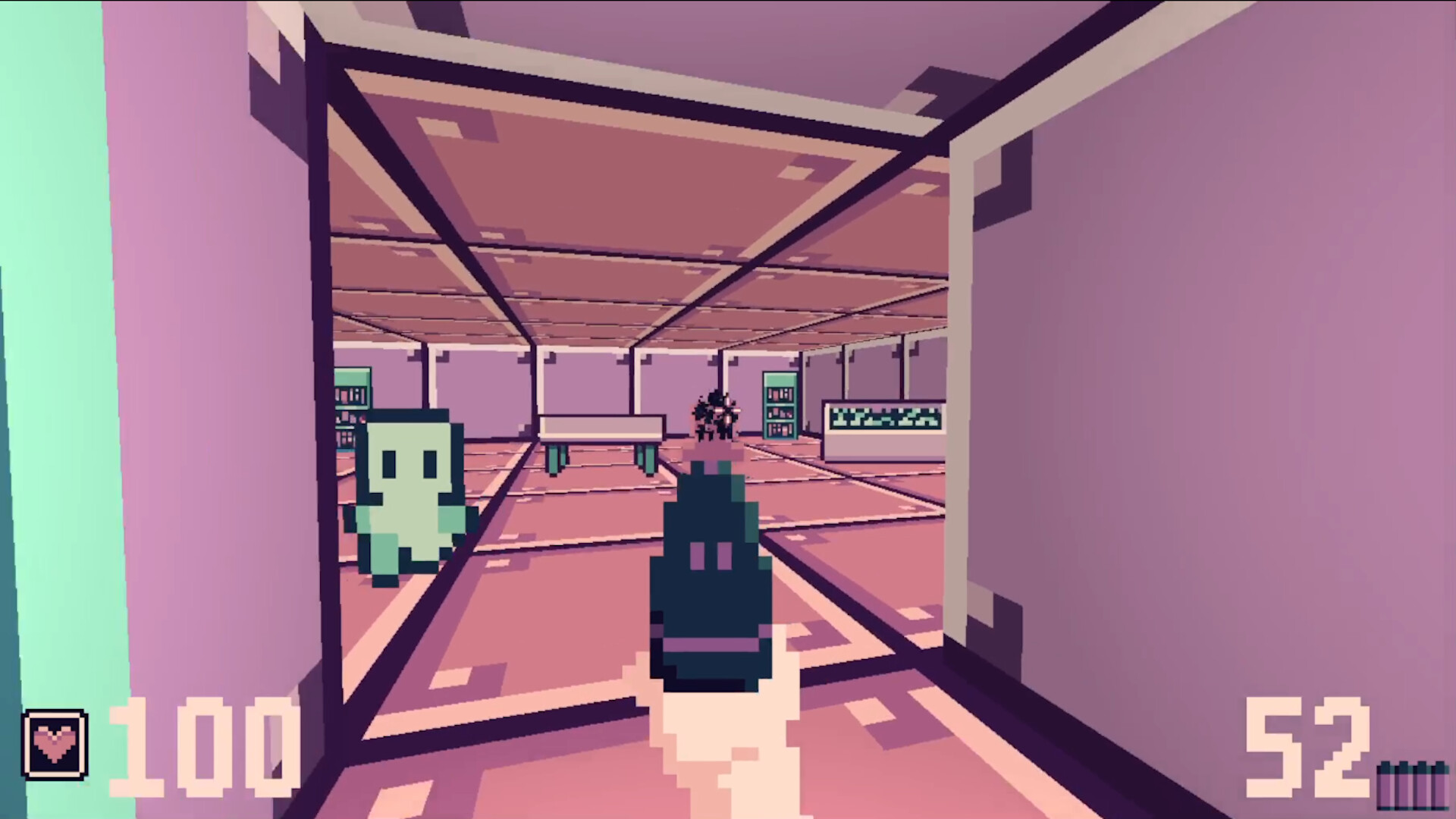 戰鬥畫面,準星對準遠處的敵人,畫面顯示出豐富的色彩與復古介面設計